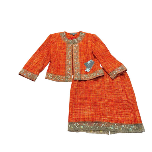 Josephine Chaus Petite 8P Orange Tweed Skirt Suit Embroidered Jacket Set Women's