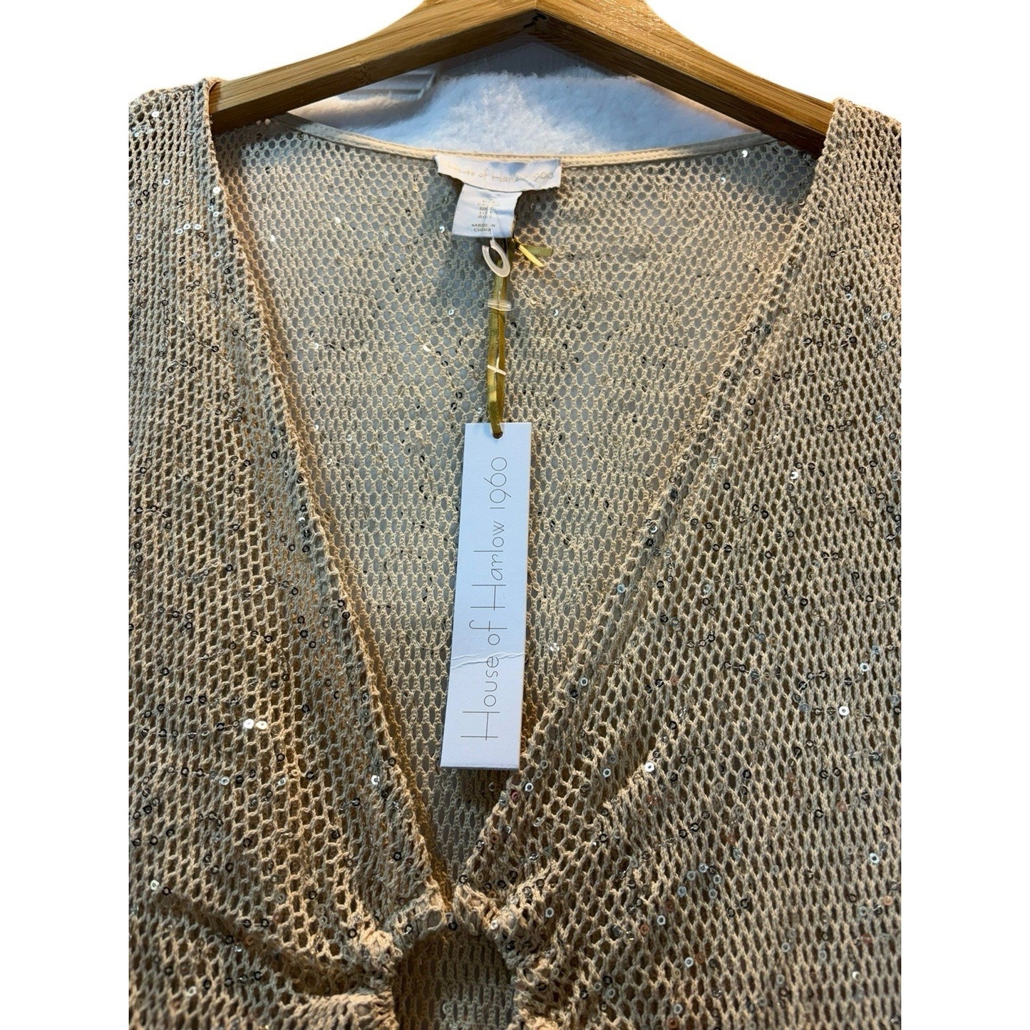 NWT Women’s House of Harlow 1960 Sequin Crochet Tunic Gold Metallic Knit Large Blouse
