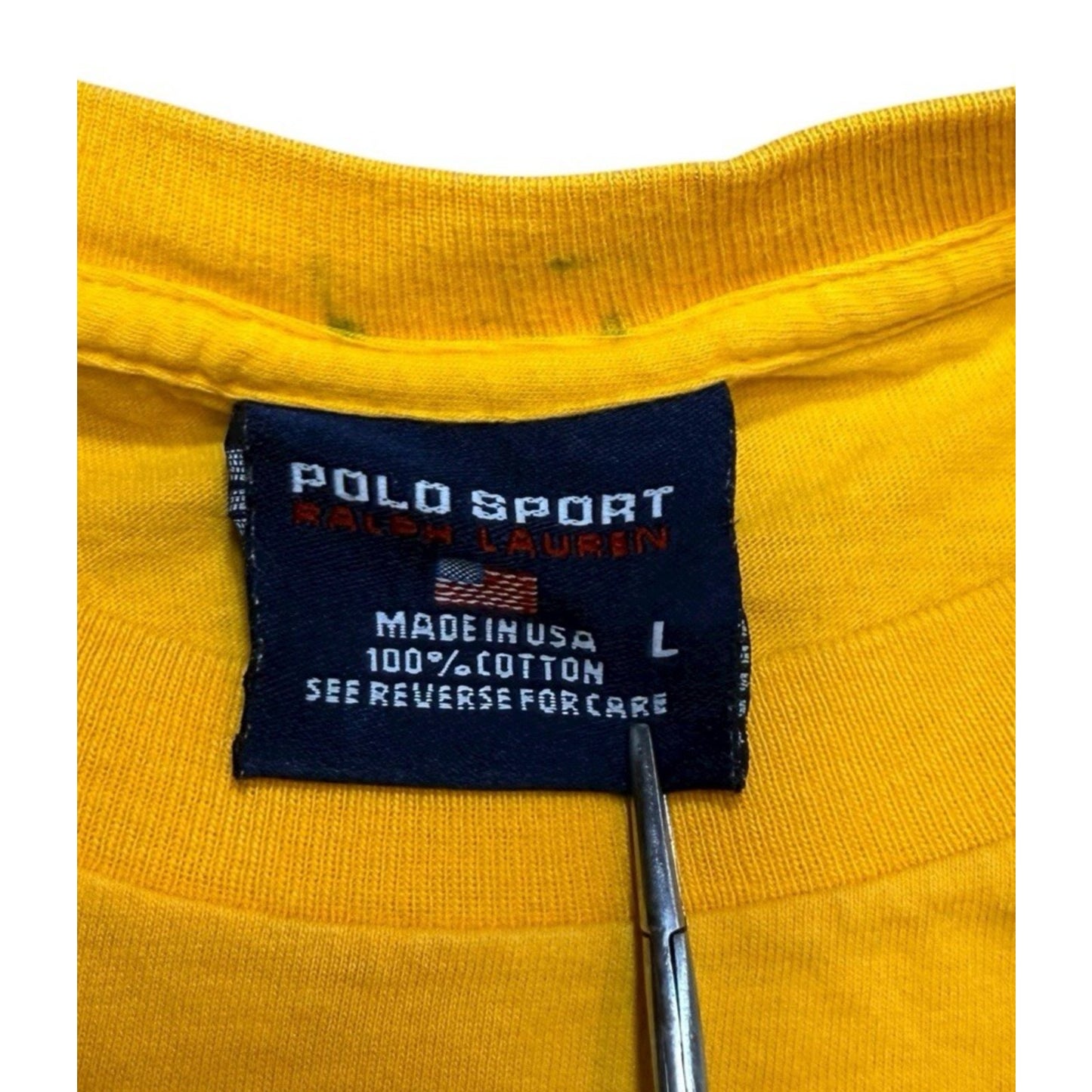 Vintage Polo Sport Ralph Lauren USA Flag T-Shirt Men’s Large Yellow 90s Made USA