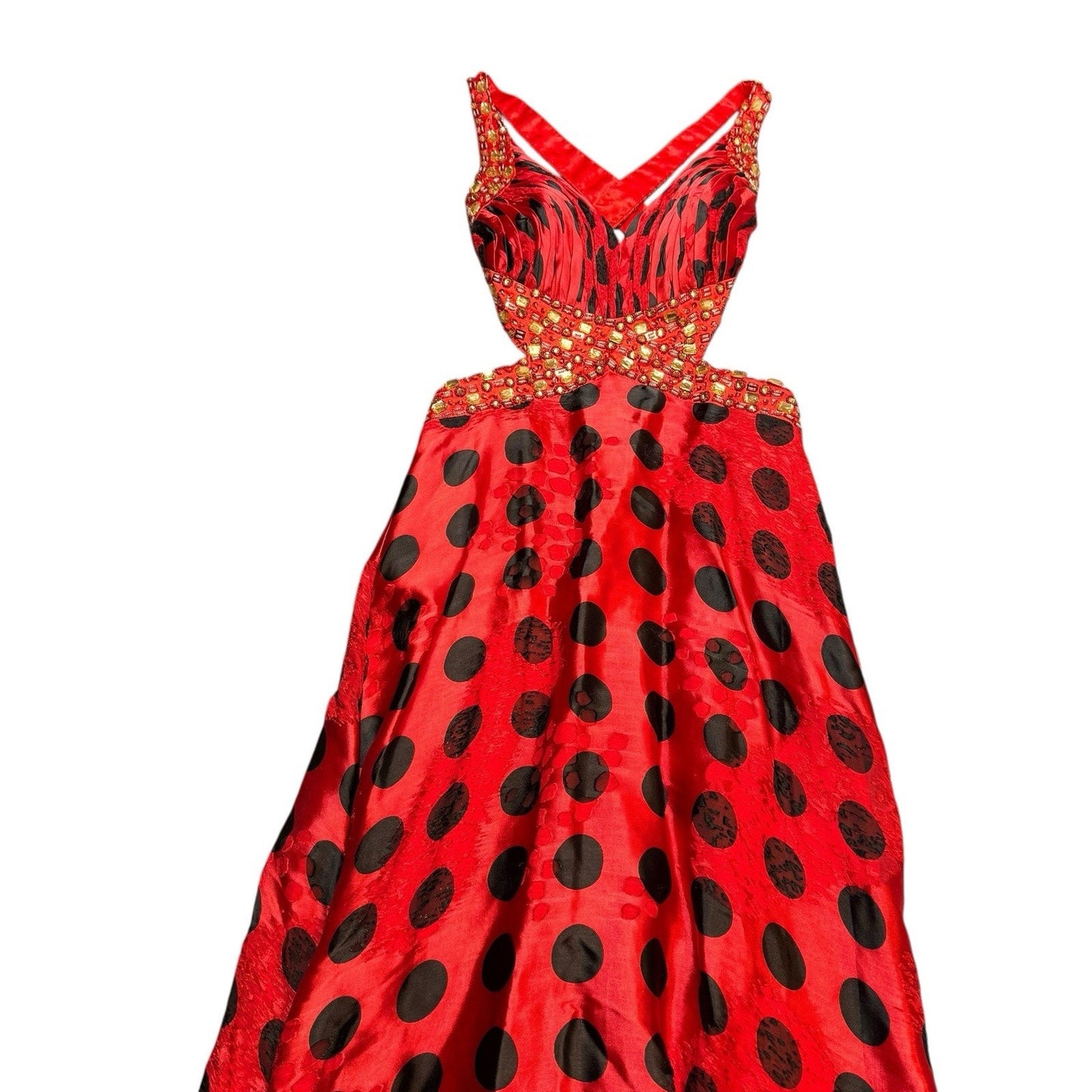 Tiffany Designs Women’s Sz 8 Red Polka Dot Beaded Formal Gown Open Strappy Back Dress