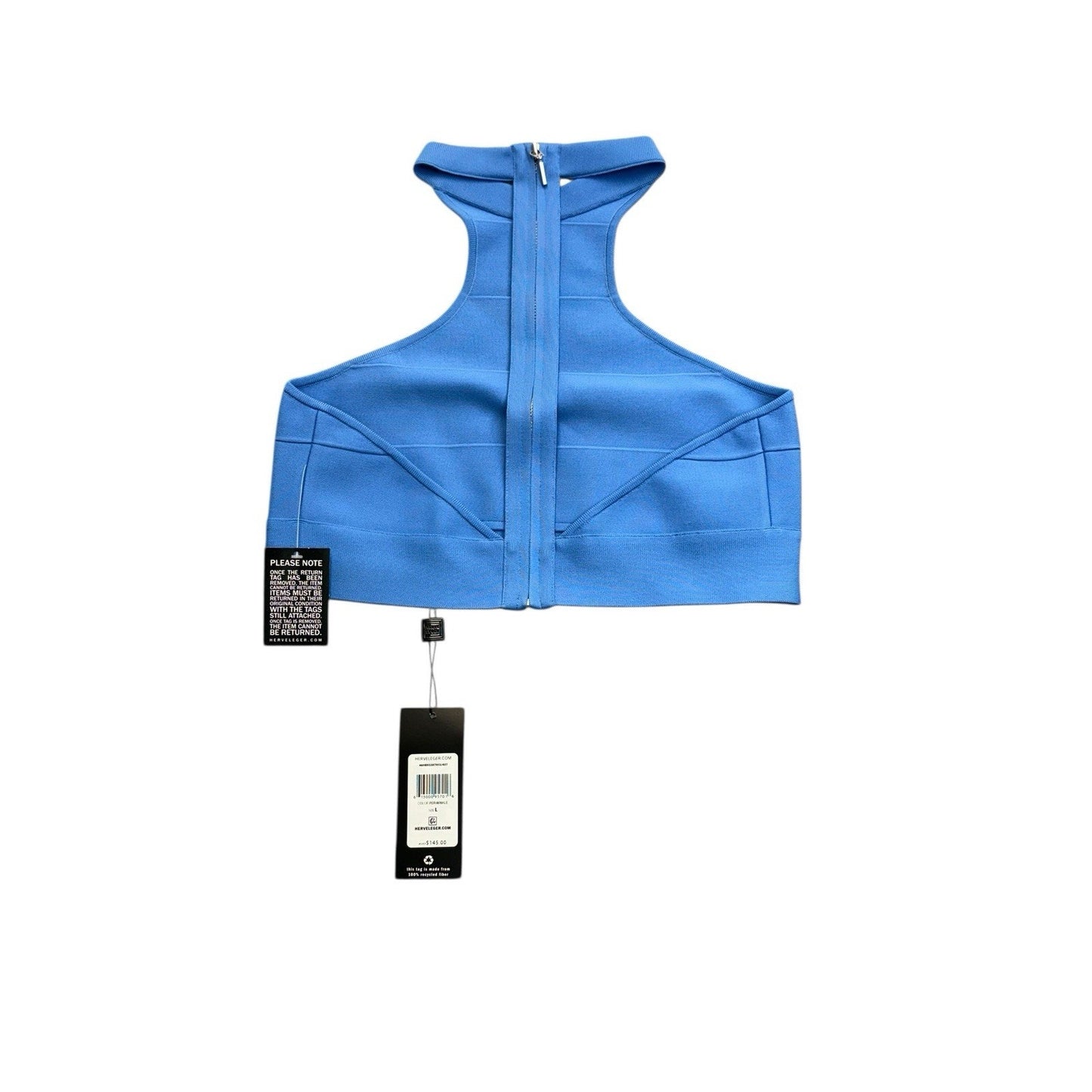 HERVÉ By HERVE LEGER Women's Blouse Halter Neck Open Back Cropped Tank Top Blue LRG NEW