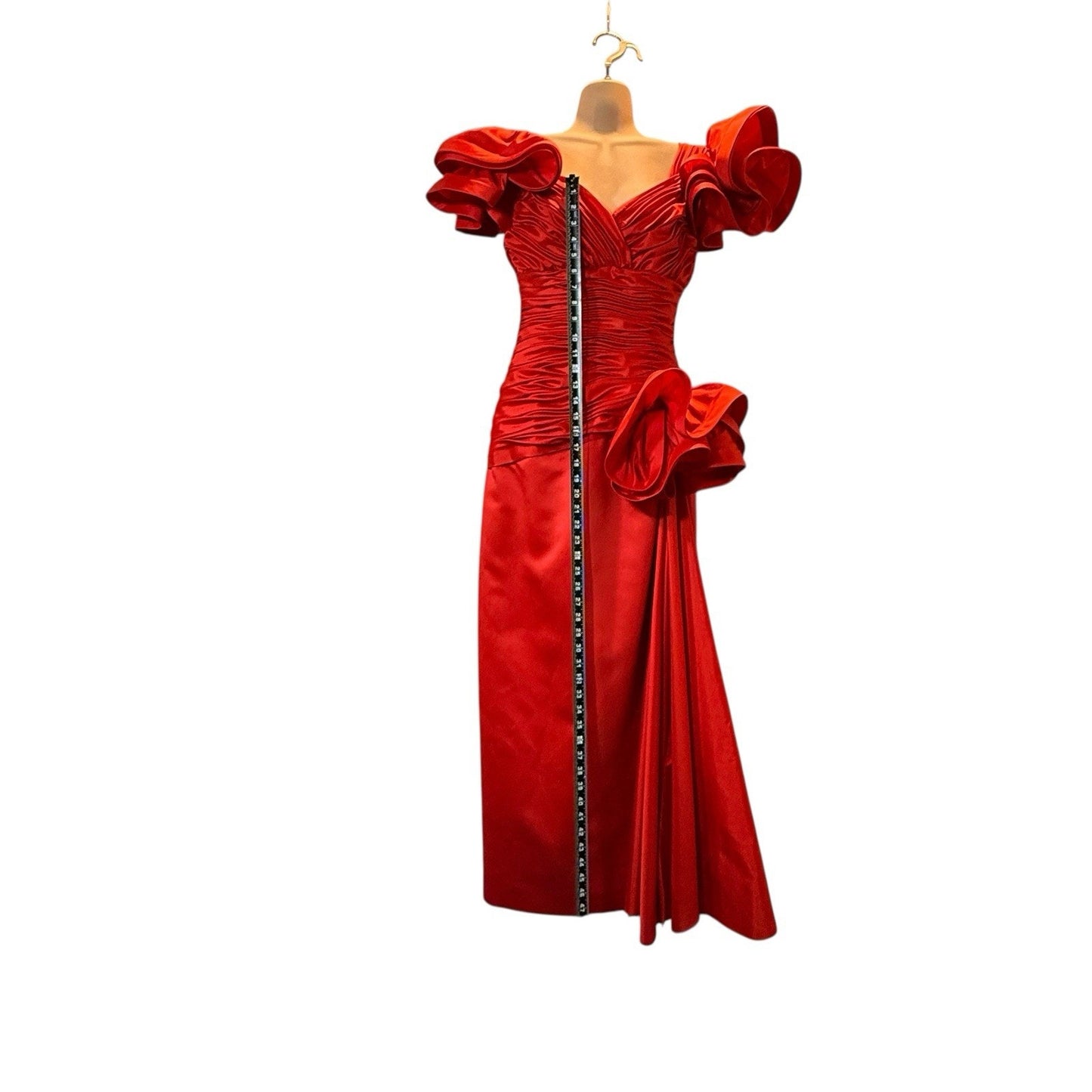 Vintage Lillie Rubin Women’s Size 4 Red Satin Puff Sleeve Ruched Evening Gown Dress