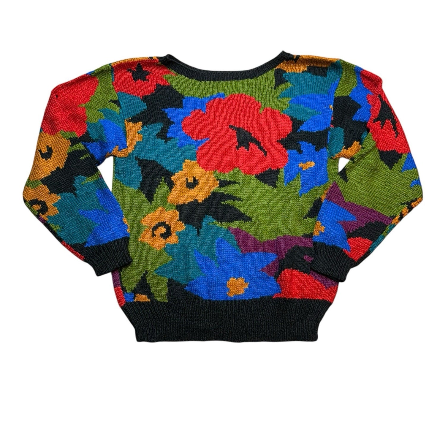 Perry Ellis Vintage Spring 1983 Hand Knit Silk Flower Intarsia Sweater Medium Women's