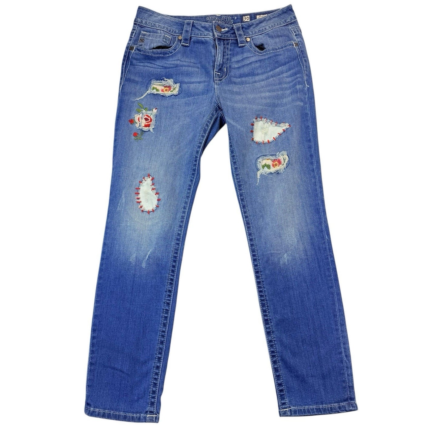 Miss Me Embroidered Patch Jeans Size 30 Distressed Floral Denim Women's