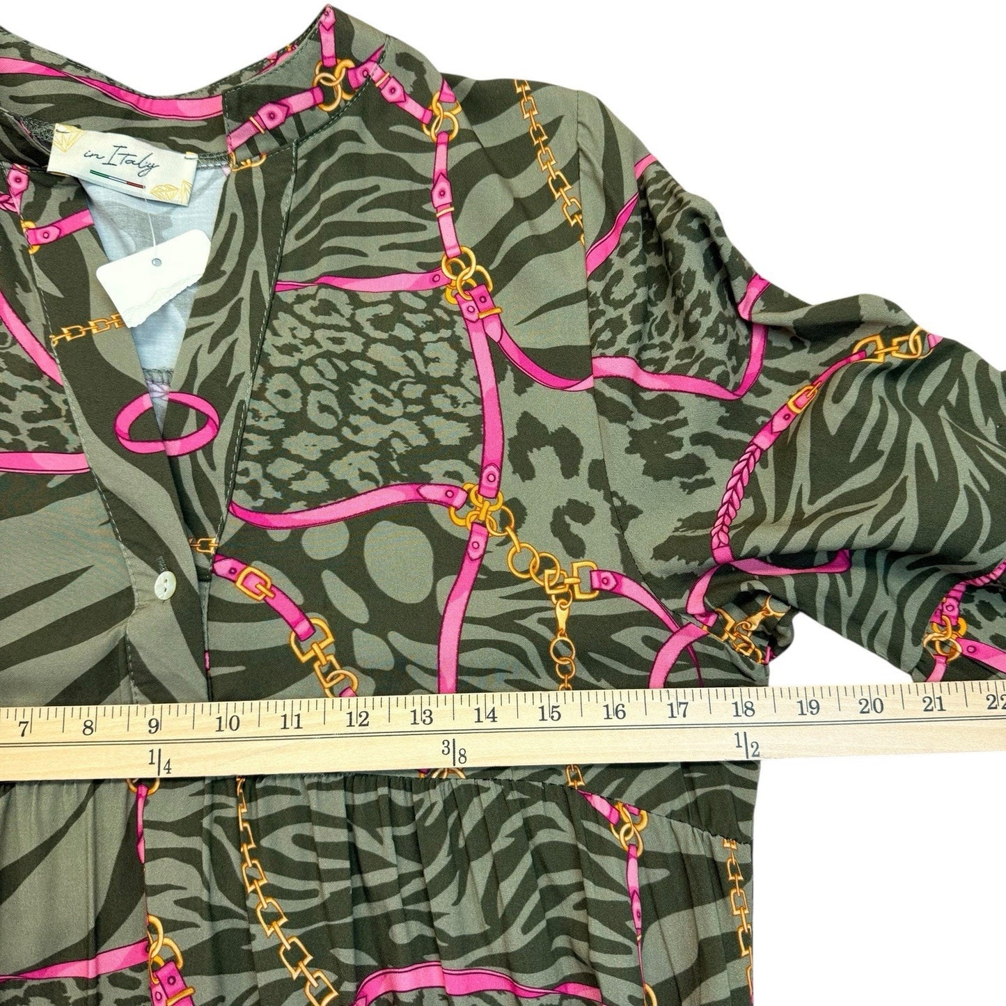 Vintage Italian Abstract Animal Print Maxi Dress Green Pink Long Sleeve M Women's