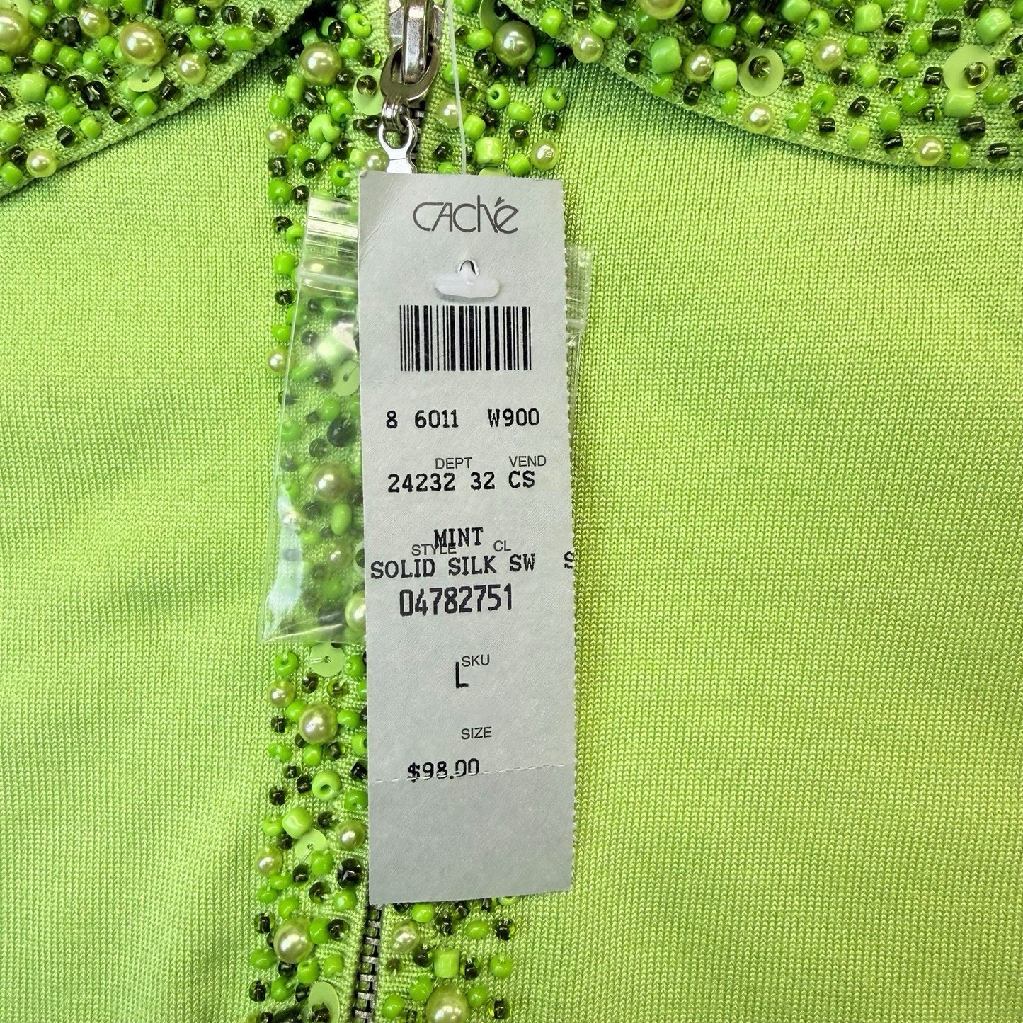 Cache Y2K Lime Silk Blend Beaded Zip Cardigan Sweater L Women's