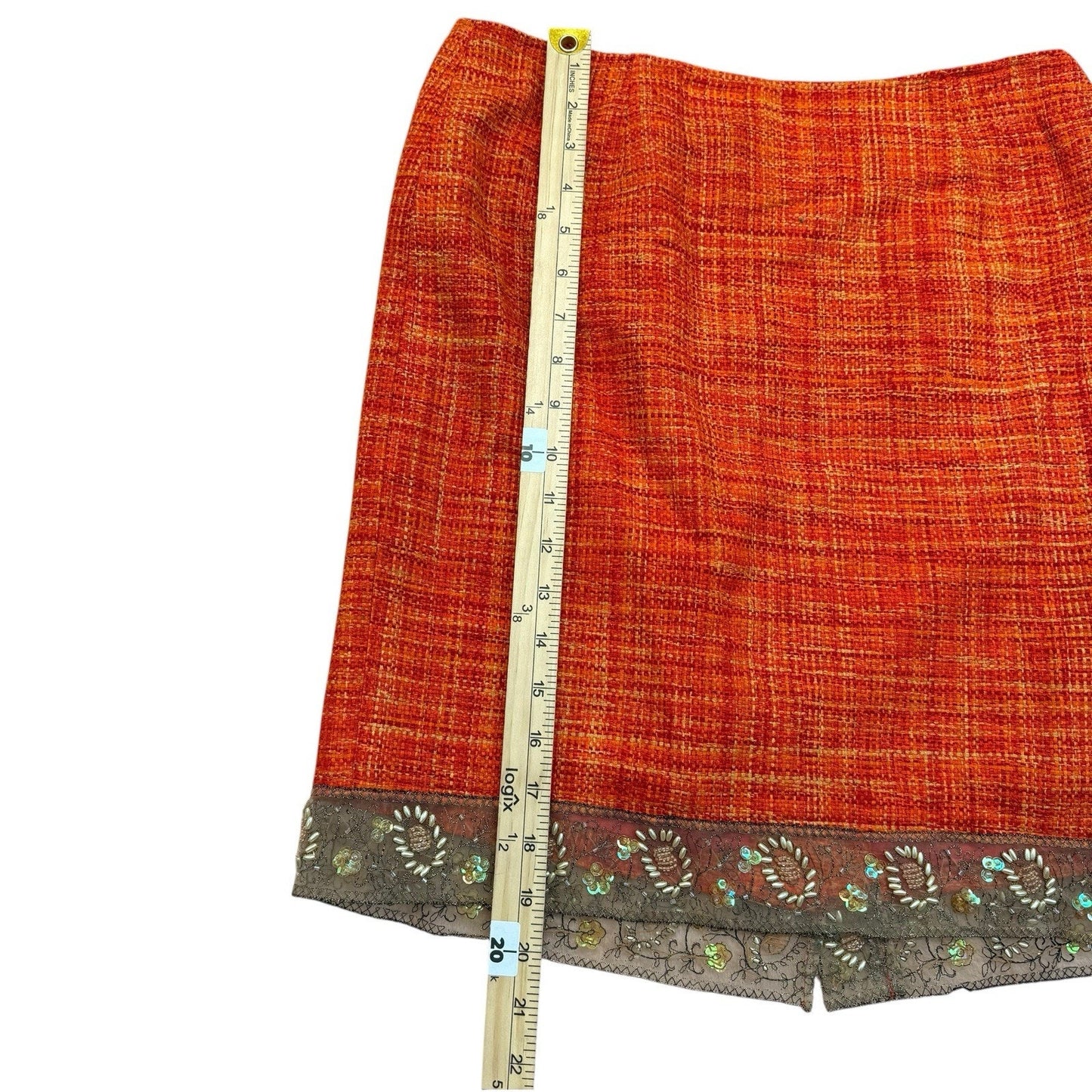 Josephine Chaus Petite 8P Orange Tweed Skirt Suit Embroidered Jacket Set Women's