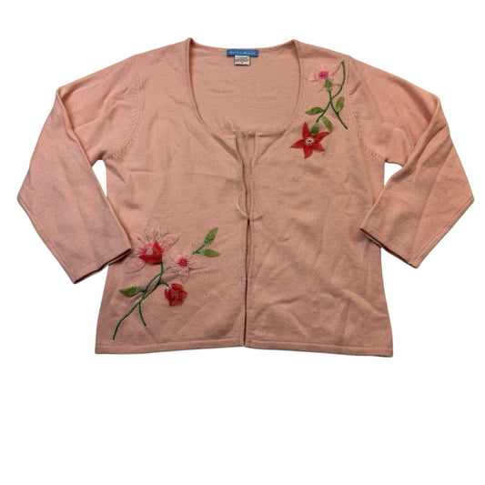 White + Warren Cashmere Cardigan Blush Floral Embroidered 3/4 Sleeve Women's