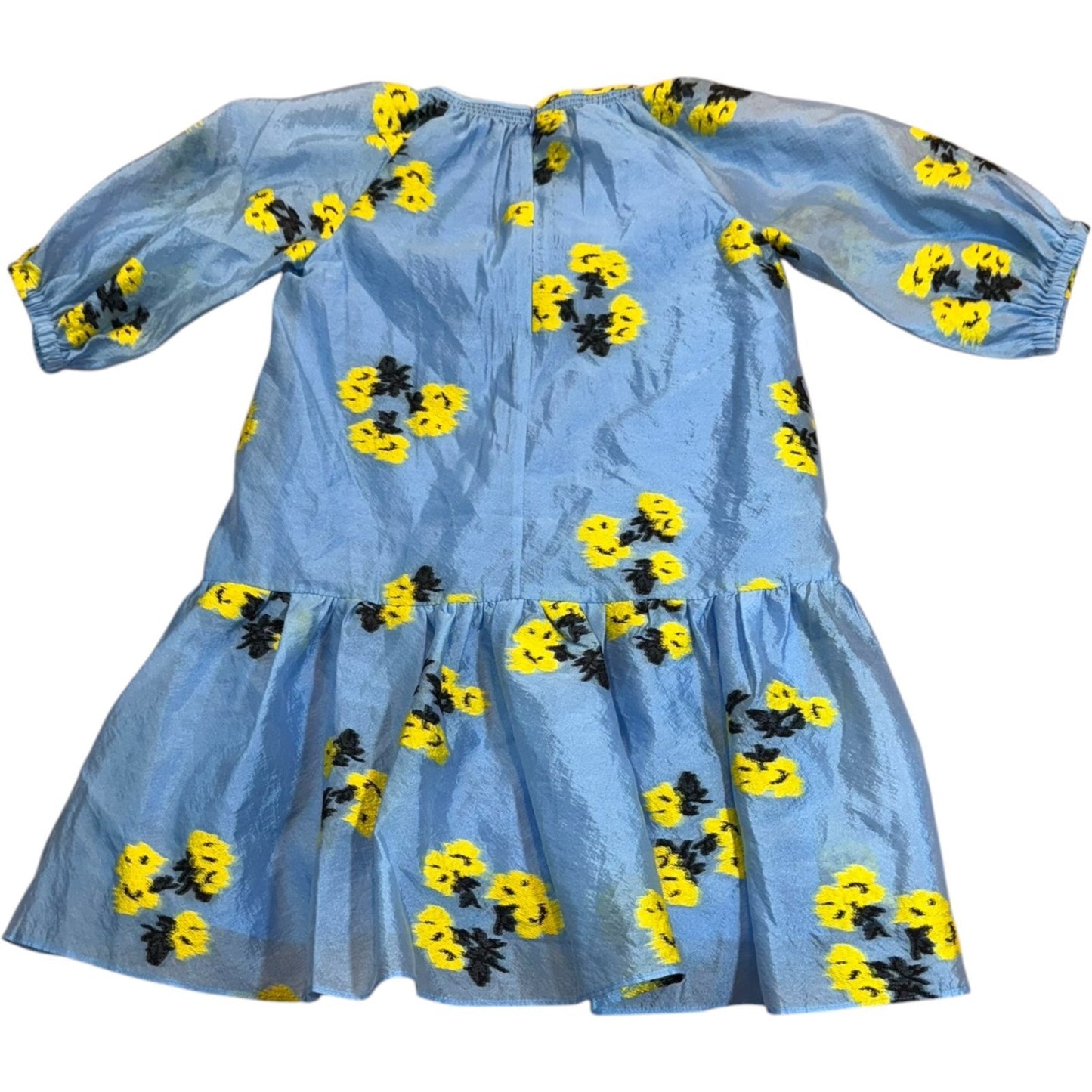 Girls Blue Chiffon Dress Size M Yellow Black Floral Lined Puff Sleeve NWT Women's