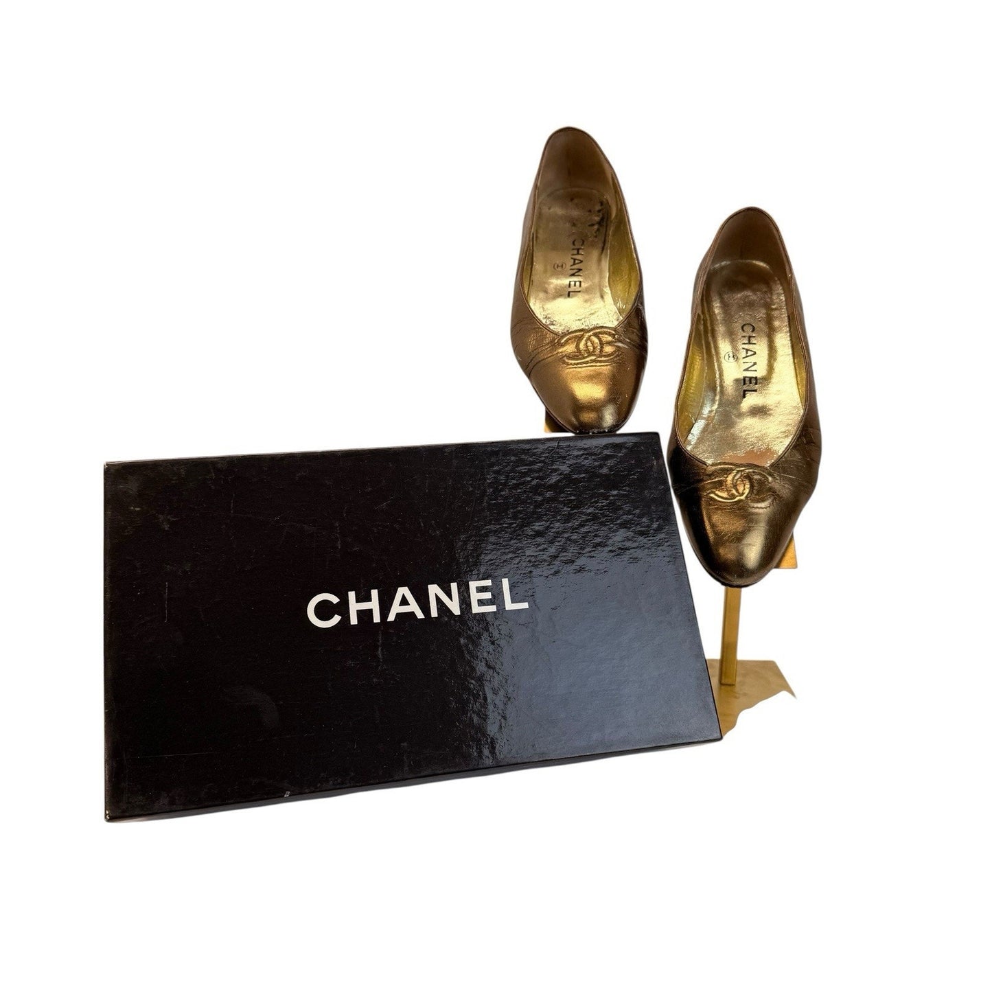 Chanel Gold Metallic Leather CC Logo Pumps Heels Vintage Women’s EU 35.5