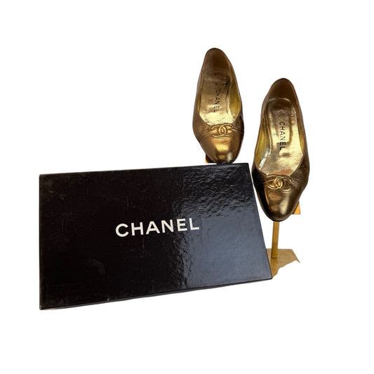 Chanel Gold Metallic Leather CC Logo Pumps Heels Vintage Women’s EU 35.5
