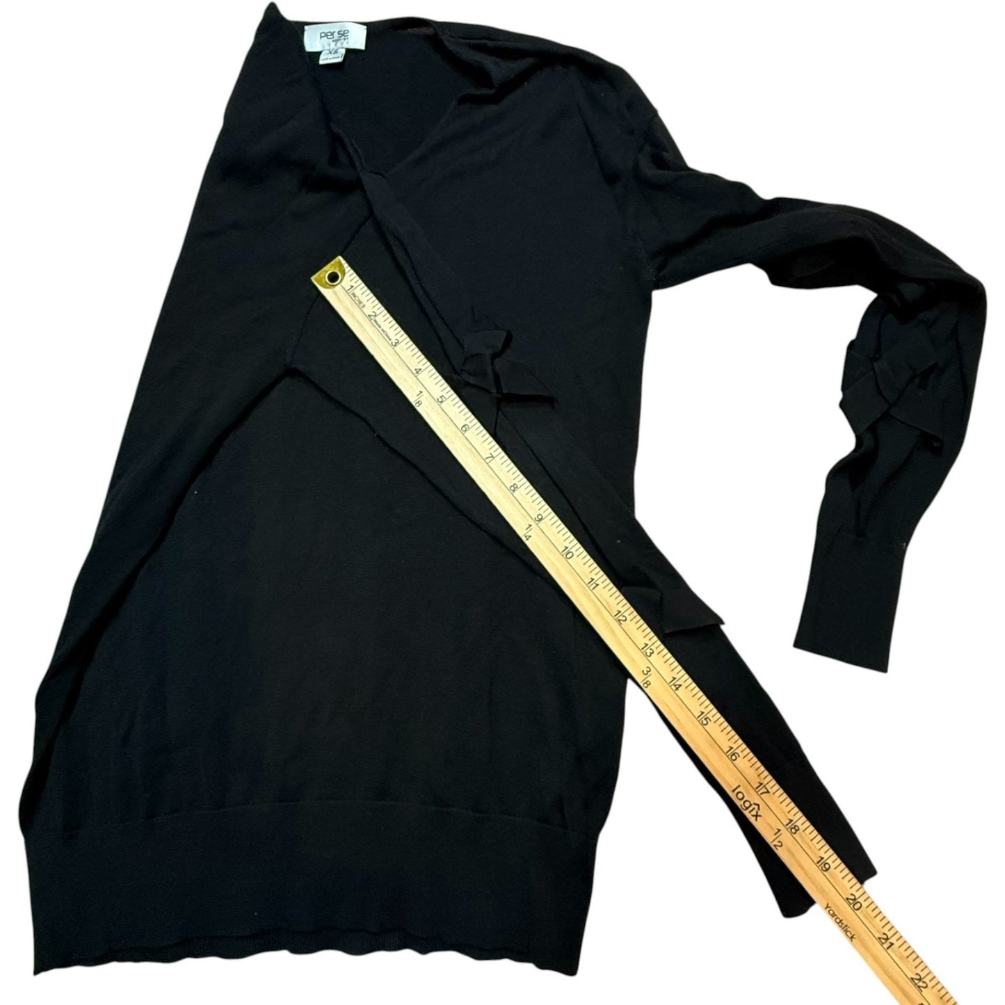 Per Se by Carlisle Black 100% Silk V-Neck Long Split Sleeve w/Bows Blouse XS Y2K Women's Blouse