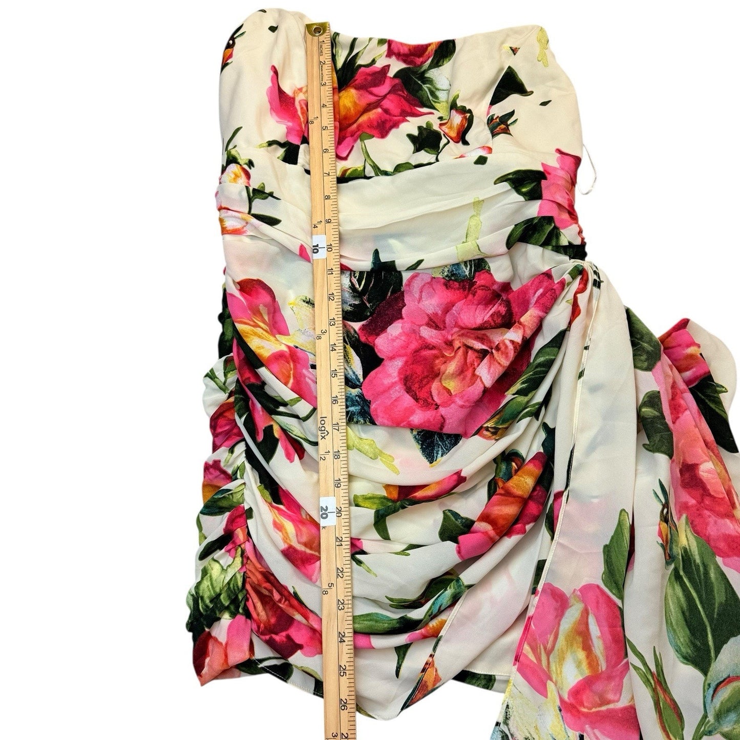 LUXXEL Floral One Shoulder Dress L Ivory Ruched Asymmetrical NWT Women's