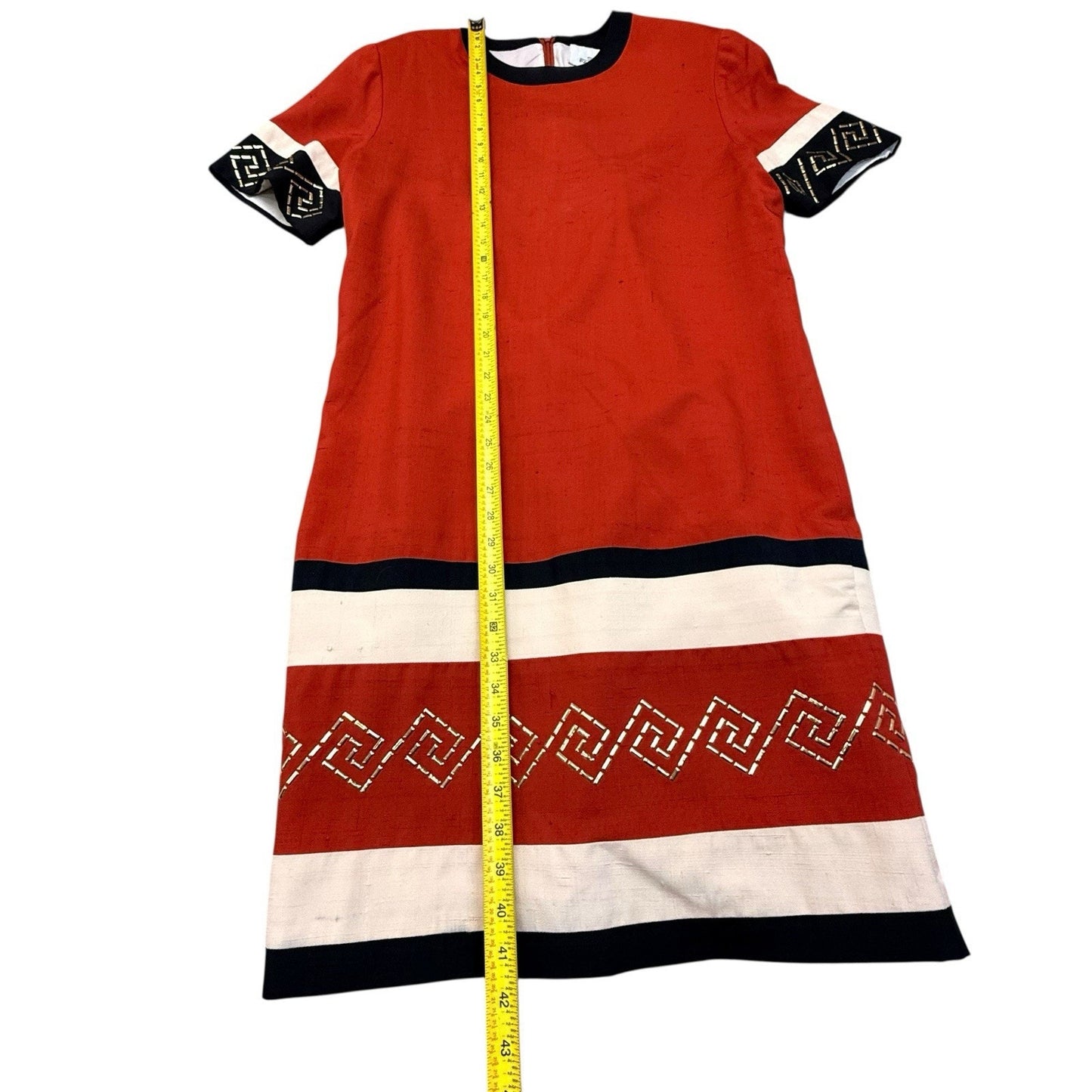 Vintage Steve Fabrikant Red Silk Shift Dress Greek Key USA Size 14 Women's