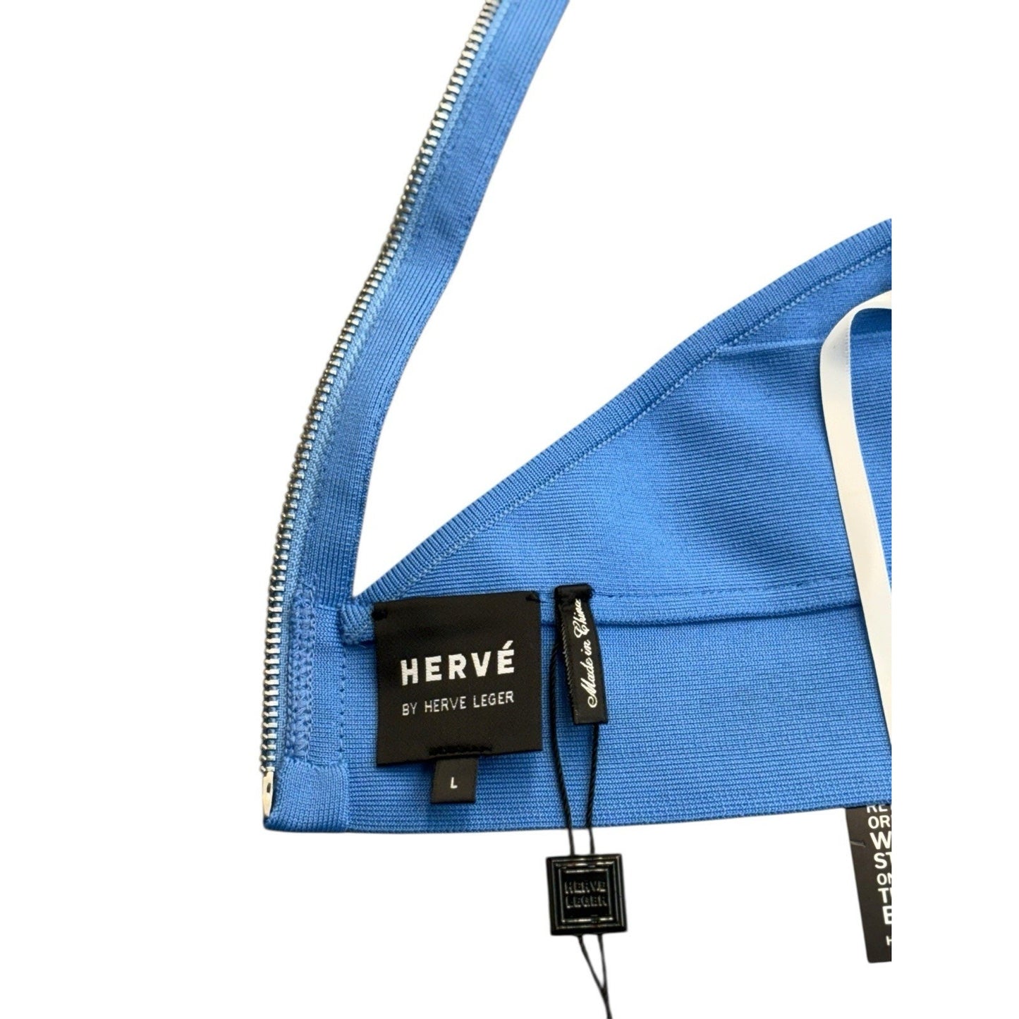 HERVÉ By HERVE LEGER Women's Blouse Halter Neck Open Back Cropped Tank Top Blue LRG NEW