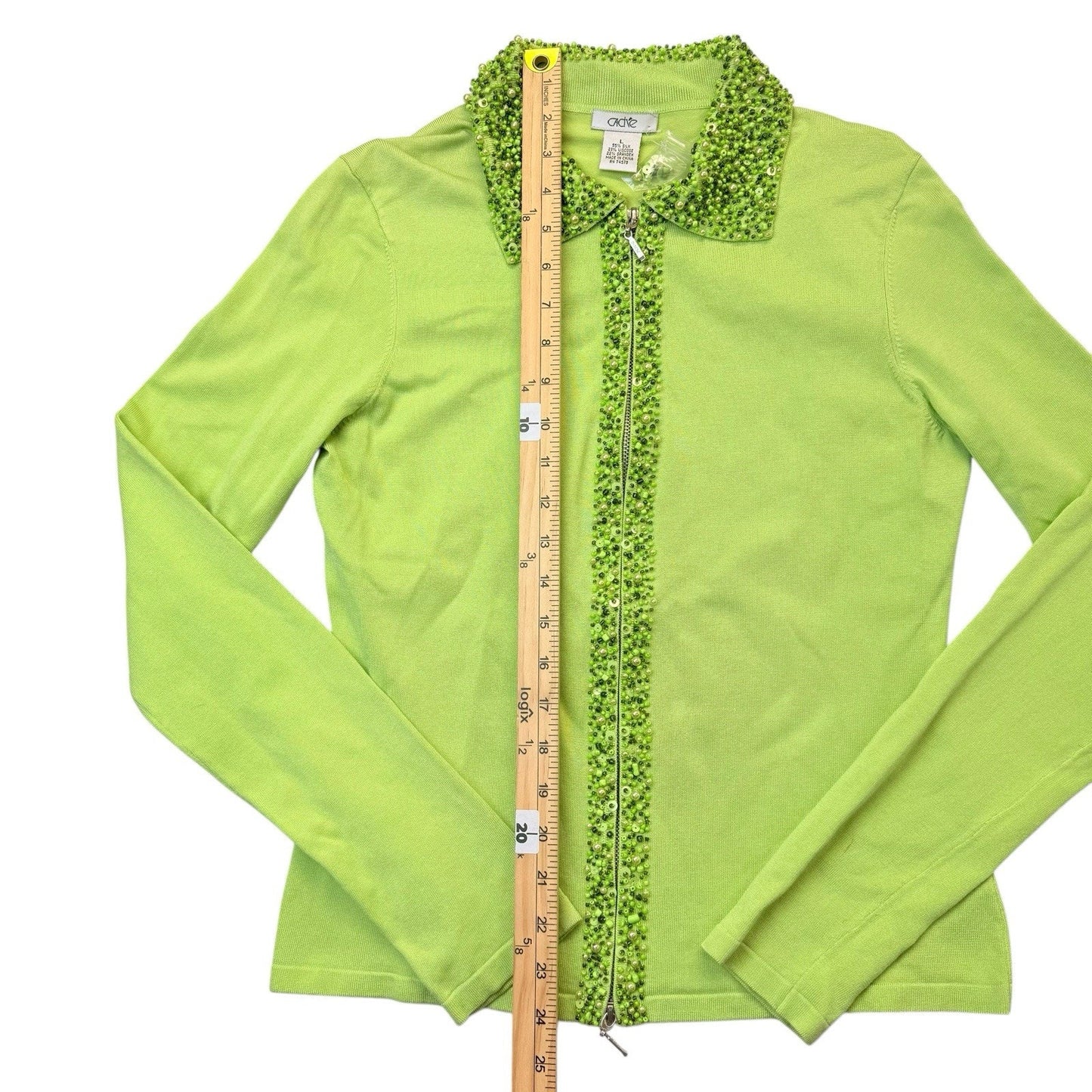Cache Y2K Lime Silk Blend Beaded Zip Cardigan Sweater L Women's