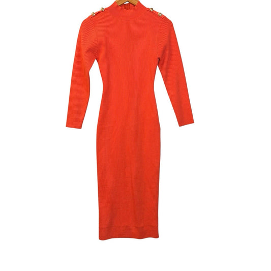 By Egreis Orange Ribbed Knit Midi Dress Gold Buttons S Women's