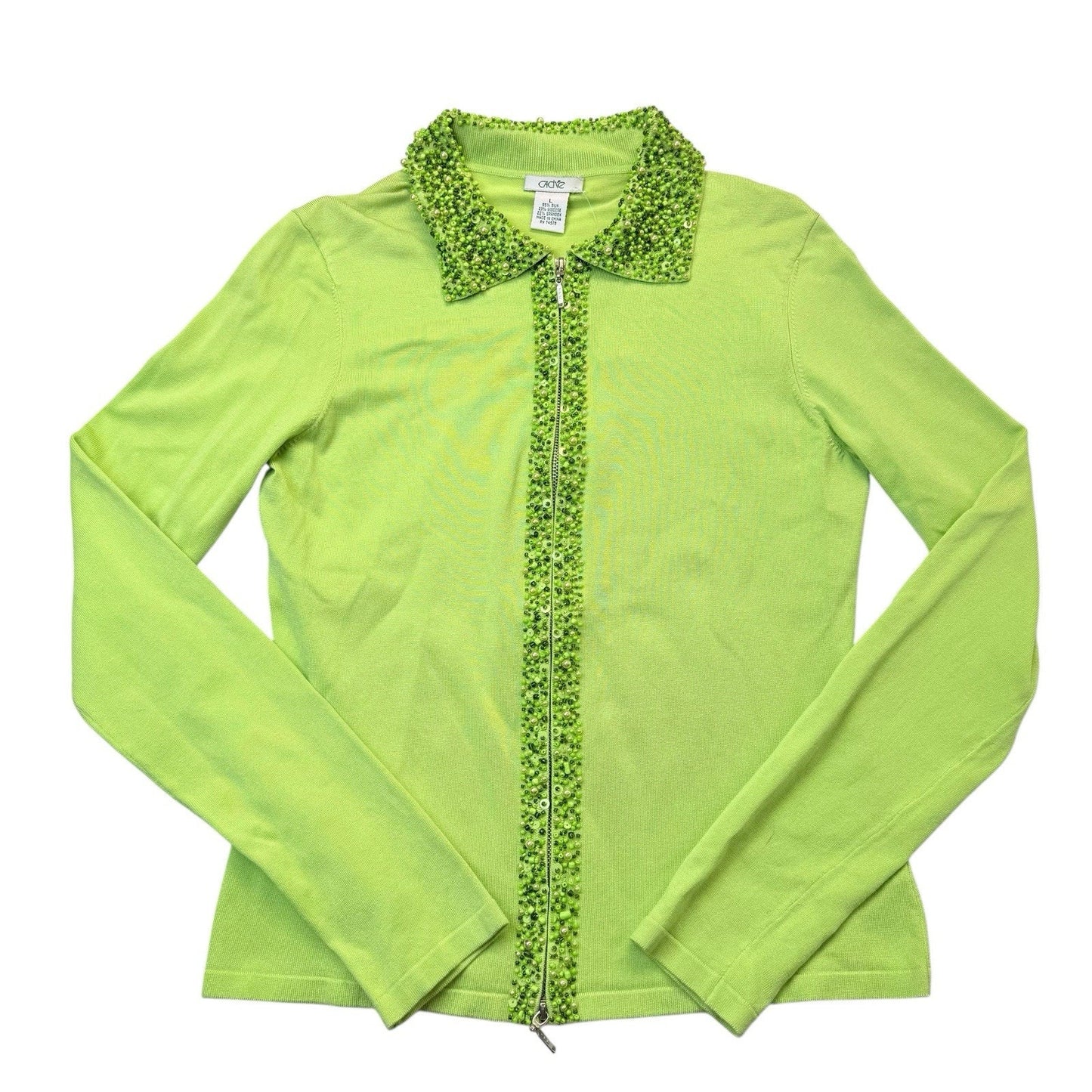 Cache Y2K Lime Silk Blend Beaded Zip Cardigan Sweater L Women's