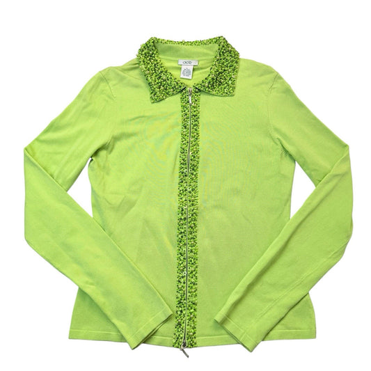 Cache Y2K Lime Silk Blend Beaded Zip Cardigan Sweater L Women's