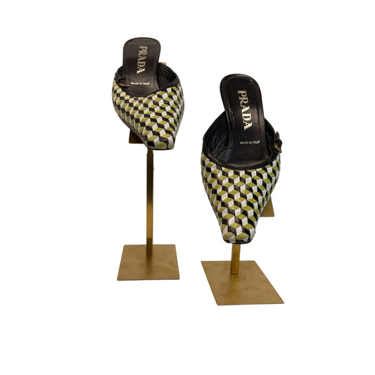 Prada Geometric Woven Mule Heels Pointed Toe Y2K Italy EU 35.5 Women's