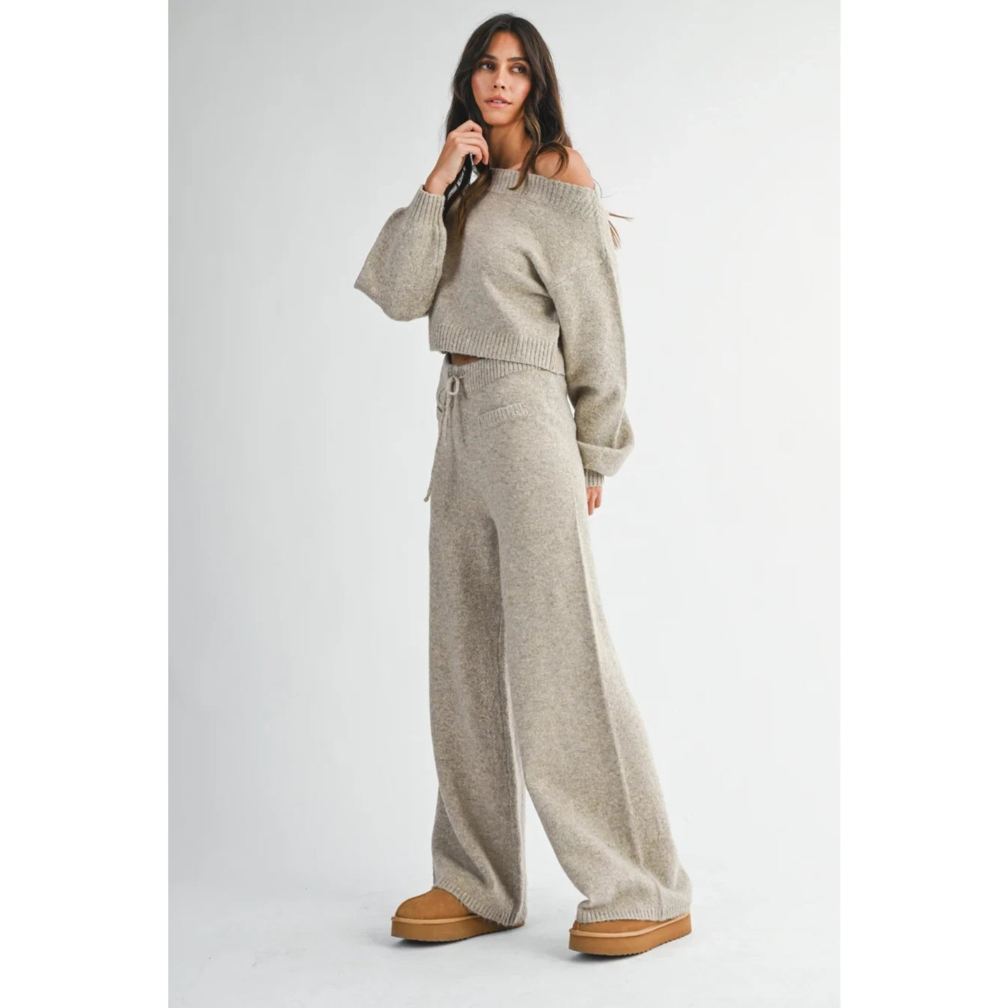 Mable Women’s Latte Mocha Knit Lounge Set Off Shoulder Crop Sweater Pants NEW
