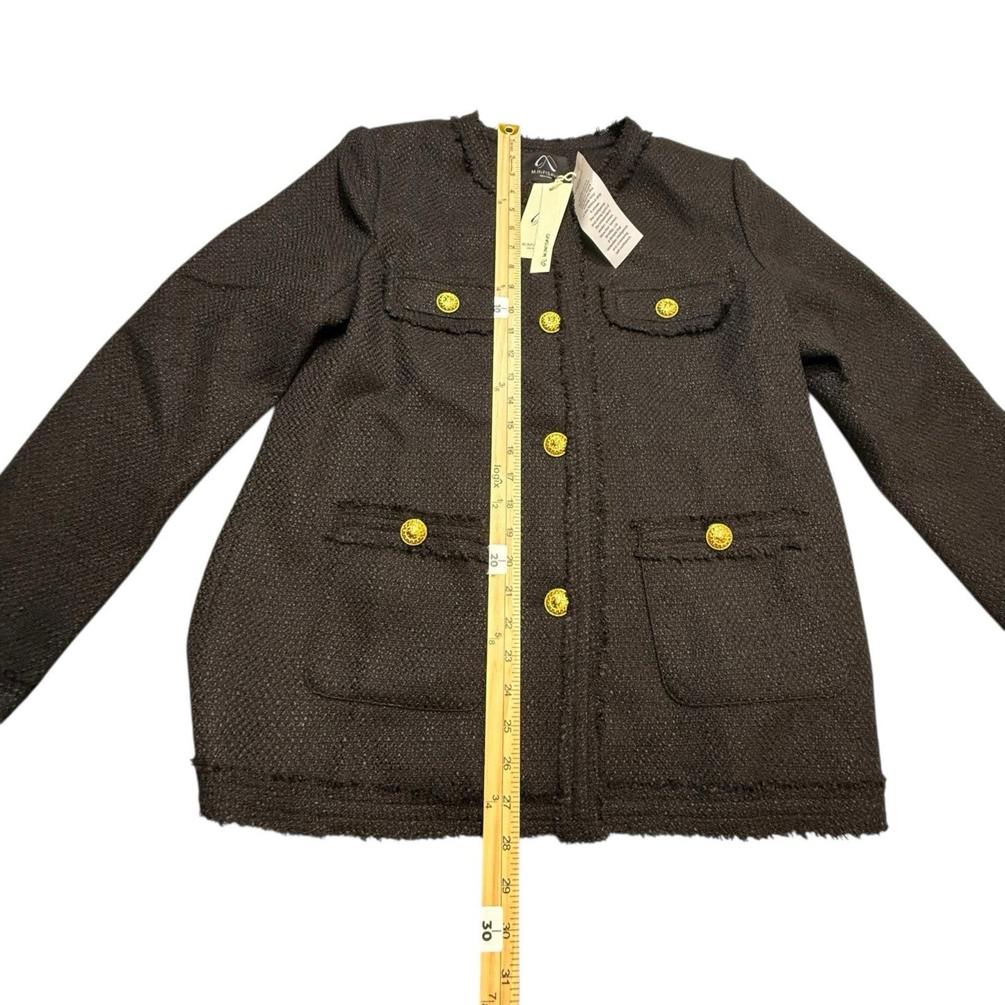 NWT M. Infisavo New York Women’s Black Blazer Size L Gold Button Tweed Jacket