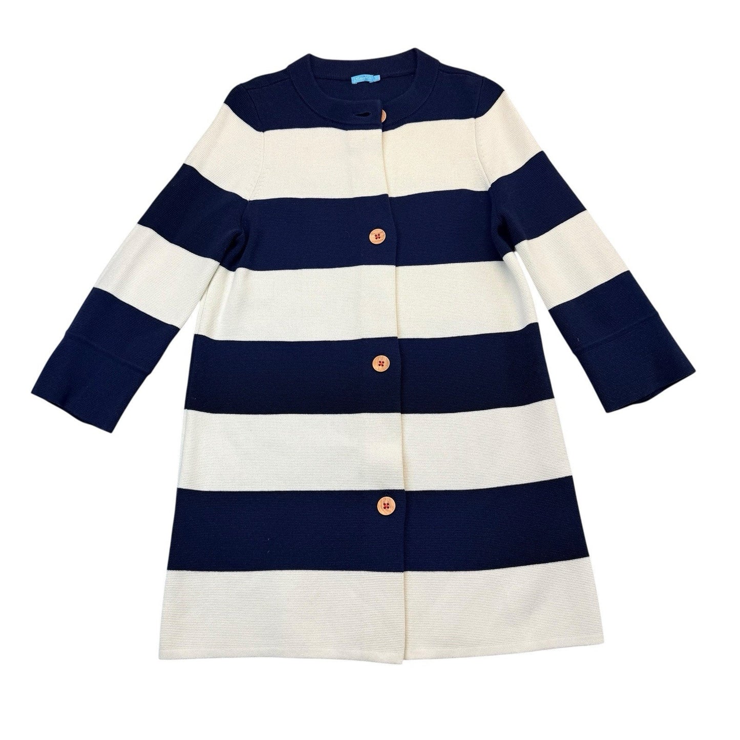 J McLaughlin Navy Cream Striped Coat Large Knit Jacket Women's
