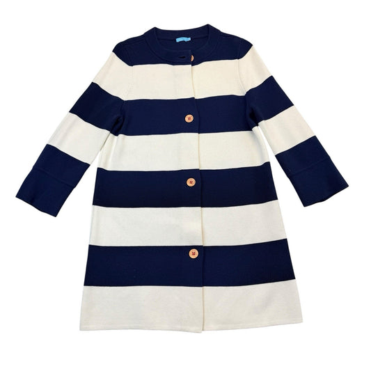 J McLaughlin Navy Cream Striped Coat Large Knit Jacket Women's