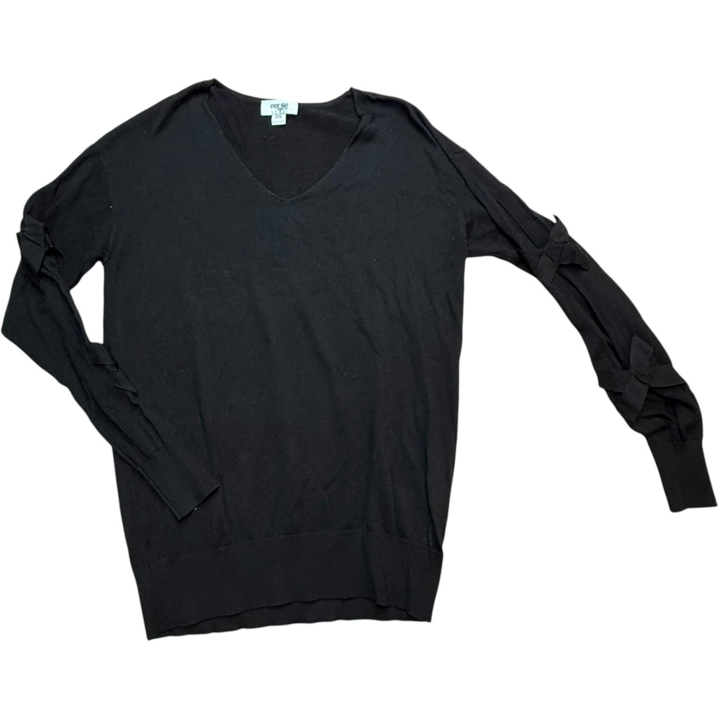 Per Se by Carlisle Black 100% Silk V-Neck Long Split Sleeve w/Bows Blouse XS Y2K Women's Blouse