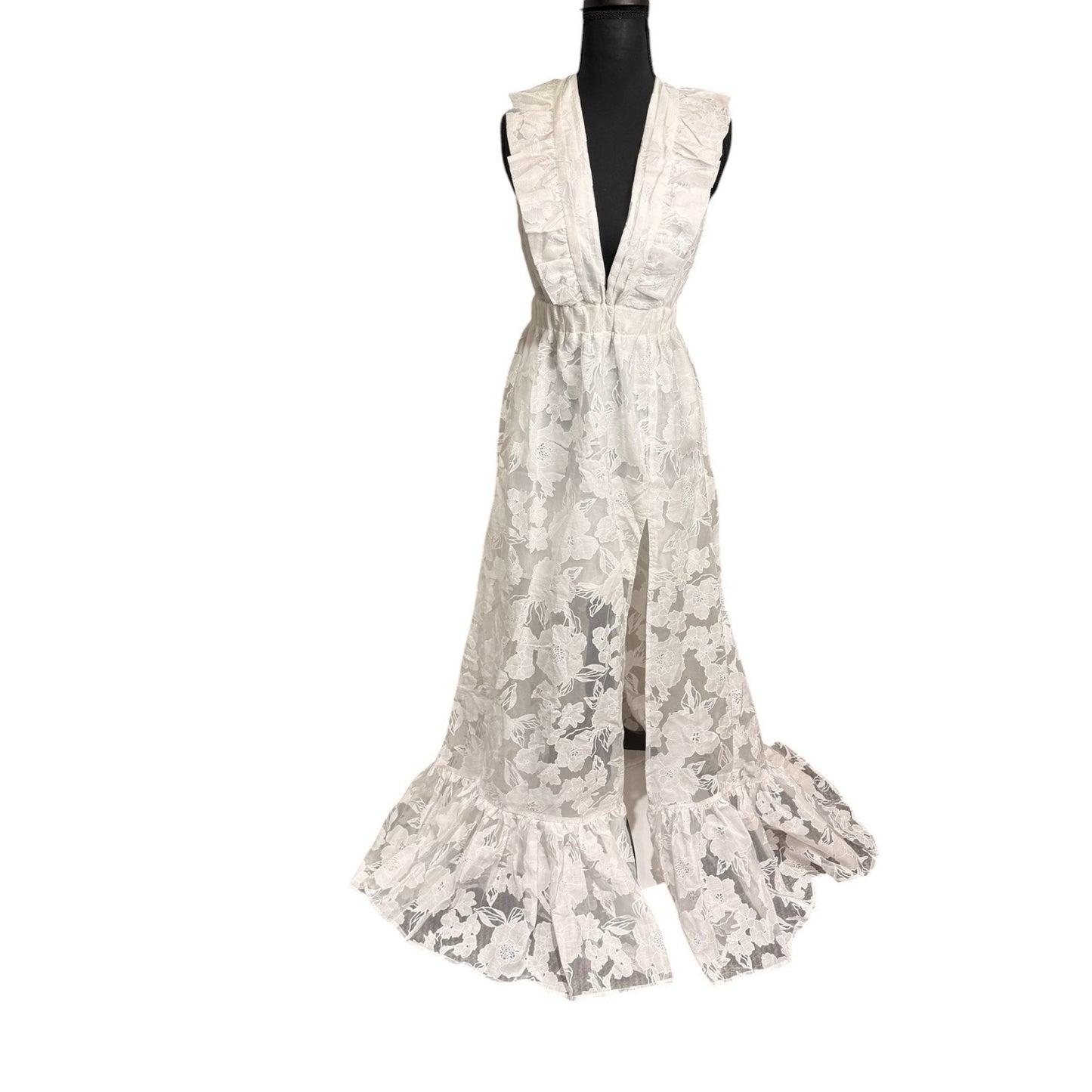 NEW Hello Molly Women's Size Small Sleeveless Ruffle Floral Lace V-Neck Gown Dress