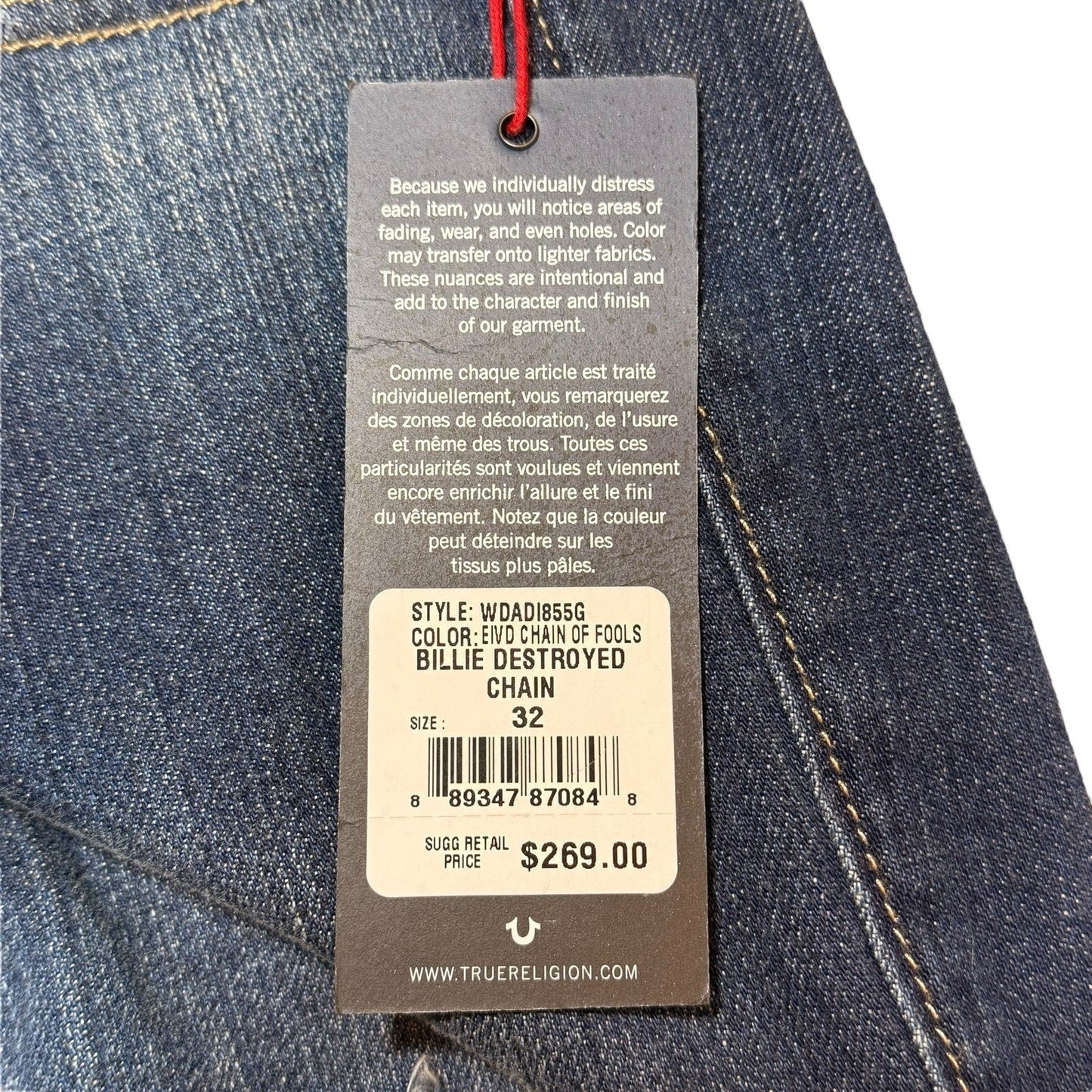 True Religion Billie Mid-Rise Chained Straight Jeans Sz 32 Blue Distressed NWT Women's