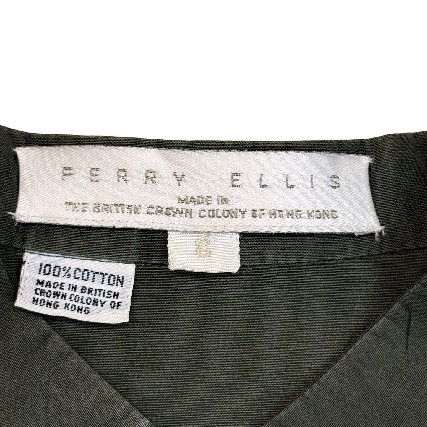 Vintage Perry Ellis Olive Green Ruffle Blouse Hong Kong Cotton Shirt Women's
