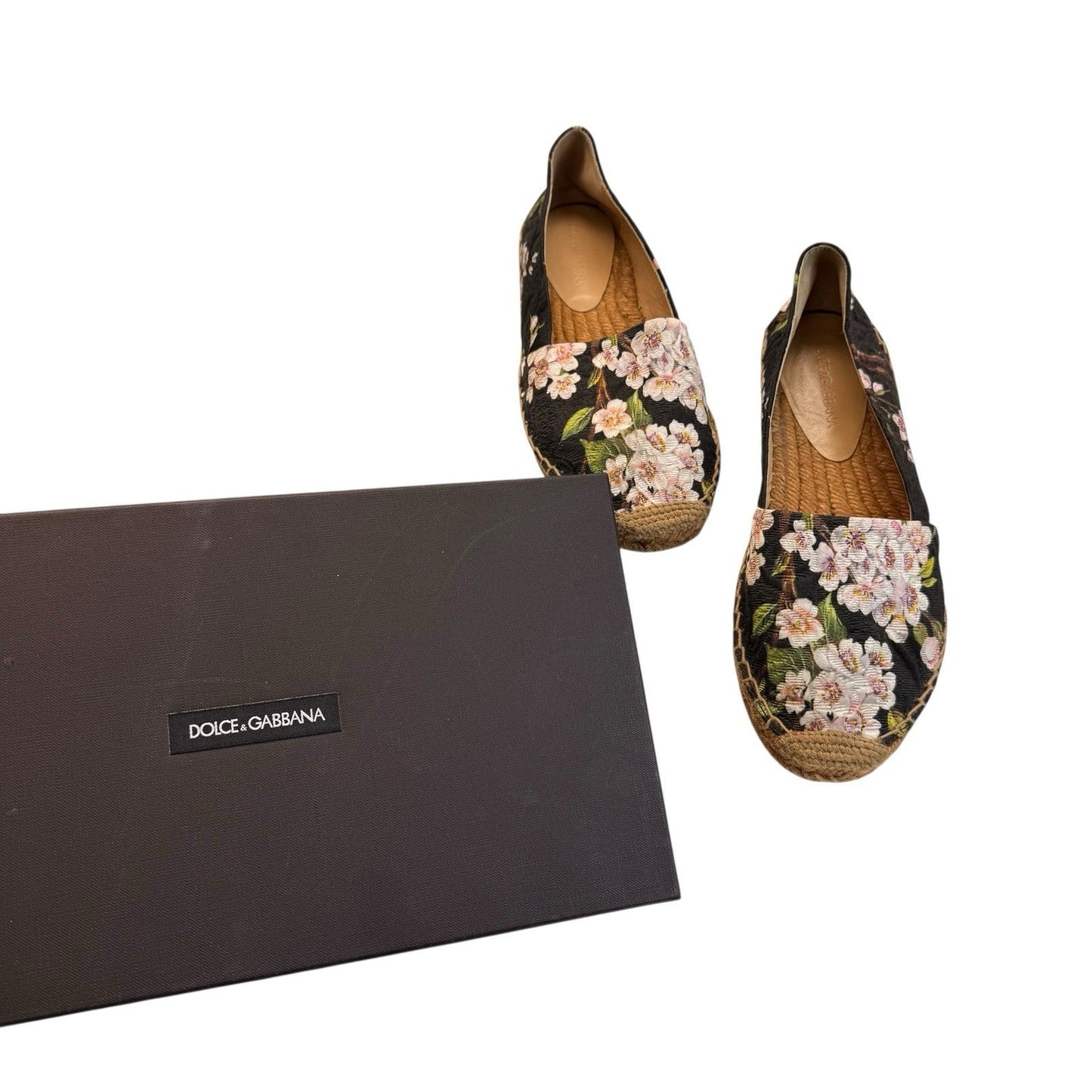 Dolce & Gabbana Floral Espadrille Flats/Shoes Black Canvas Leather Sole Women’s 6