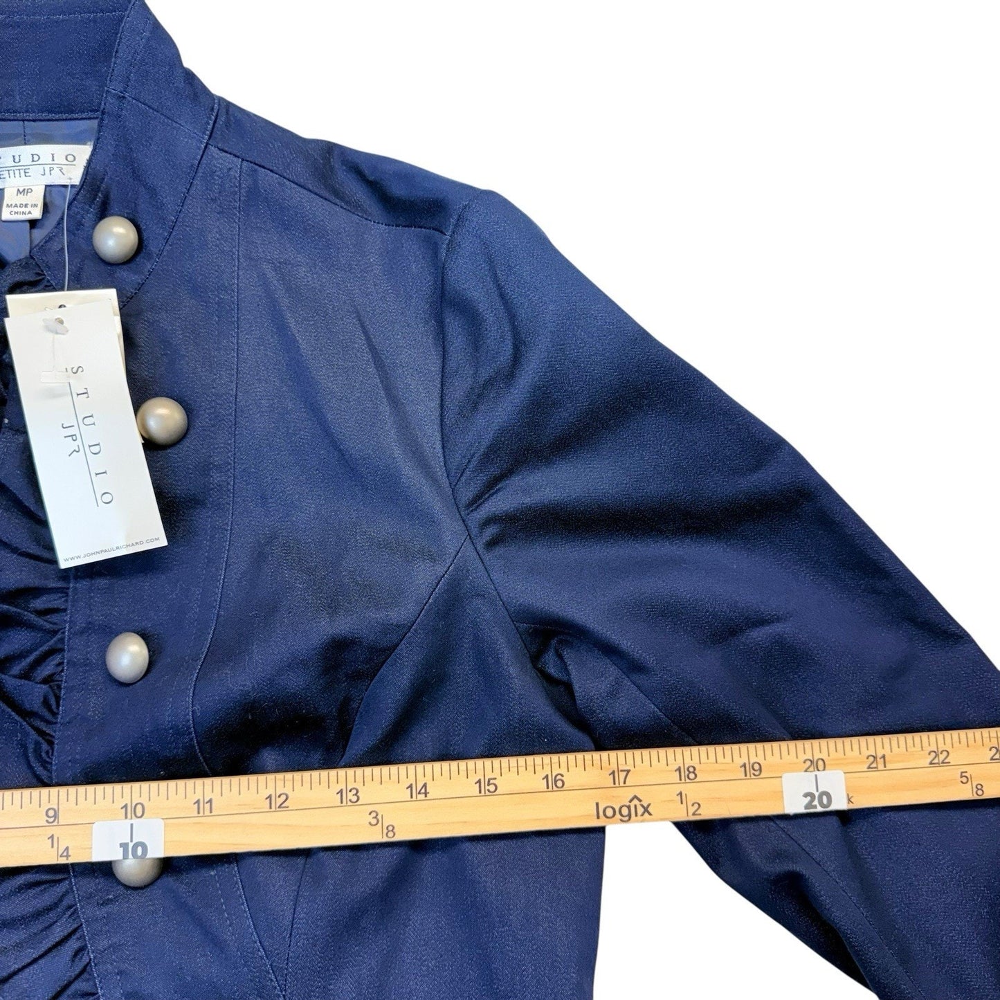 Studio M Petites Navy Military Ruffle Jacket MP Gold Buttons Women's