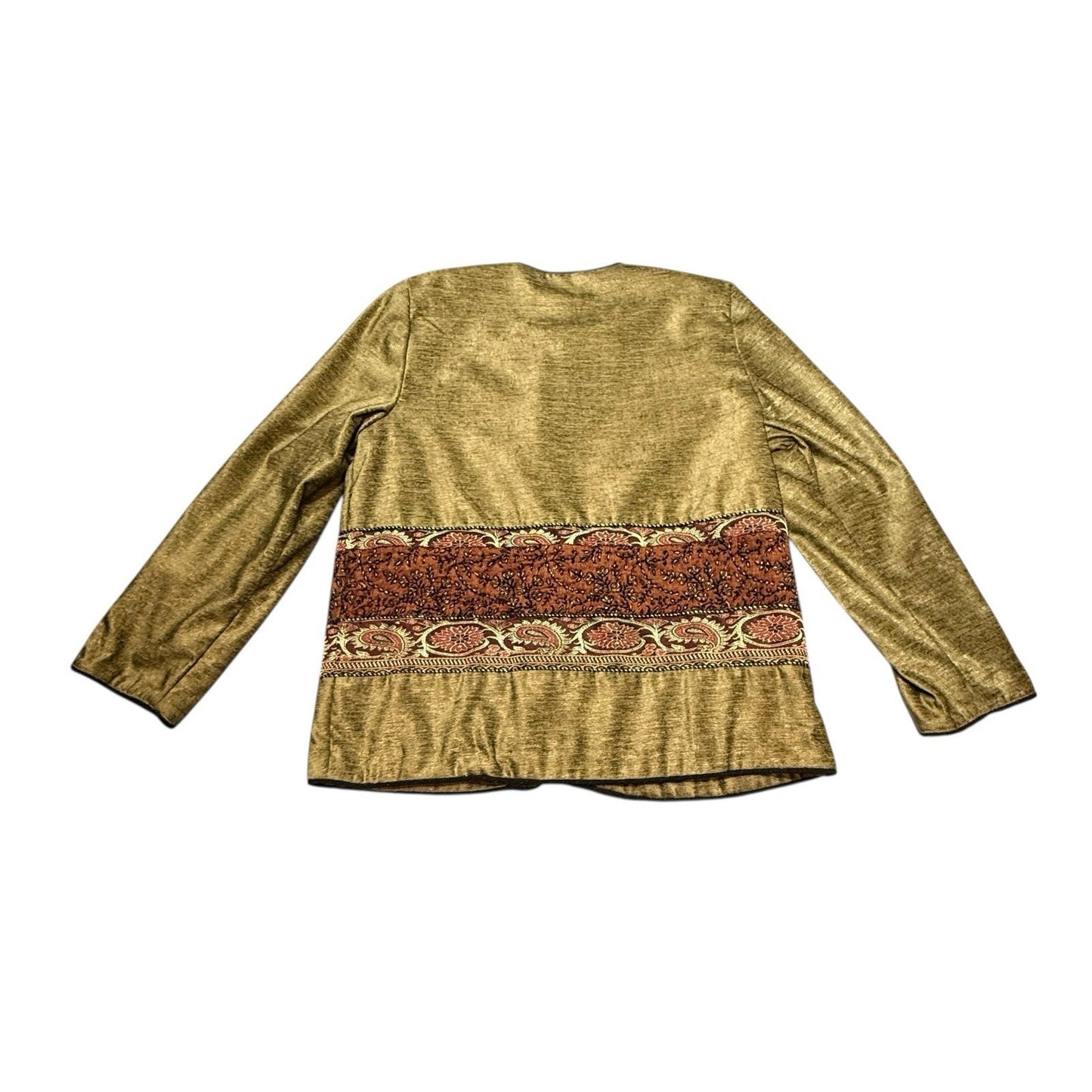 Stonebridge Gold Metallic Brocade Jacket Large Boho Paisley Trim Button Front Women's
