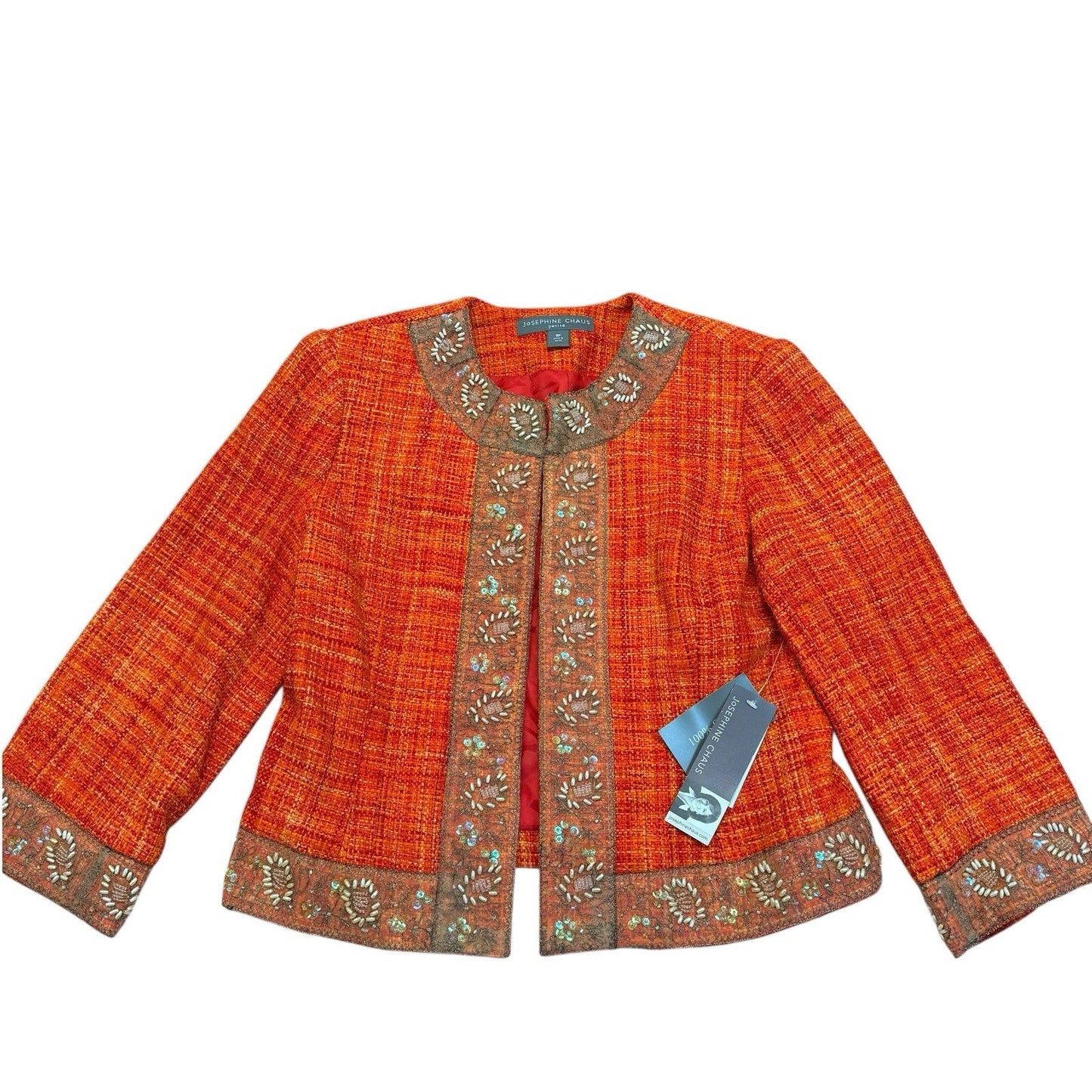 Josephine Chaus Petite 8P Orange Tweed Skirt Suit Embroidered Jacket Set Women's