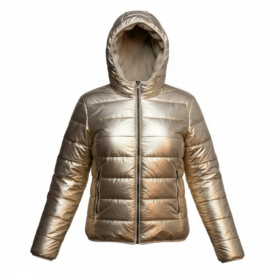 Tribal Reversible Puffer Jacket XL Champagne Metallic Faux Fur Lined Hooded NWT Women's