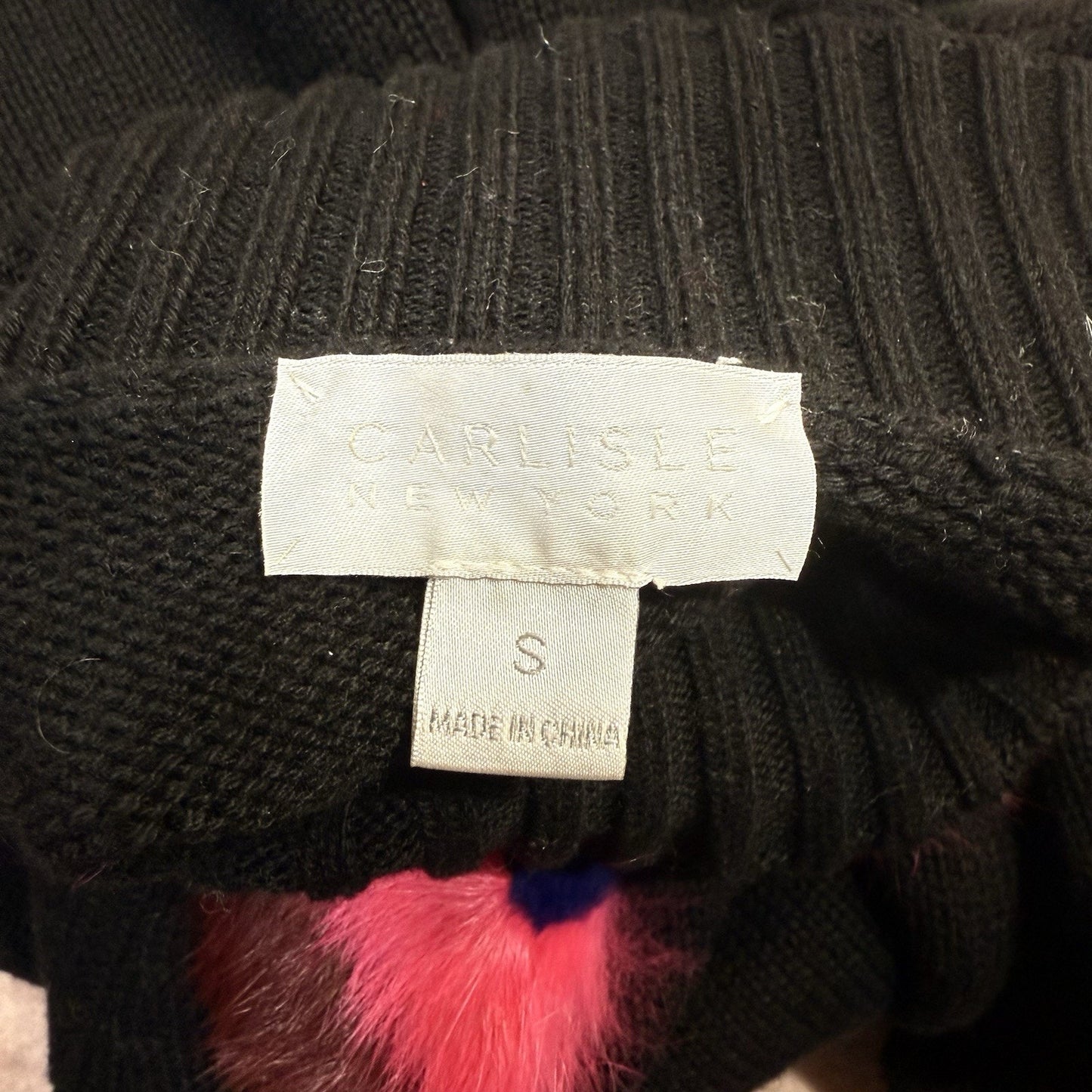 Carlisle New York Women’s Small Sweater Black Pink Pom Pom Wool Knit Turtleneck