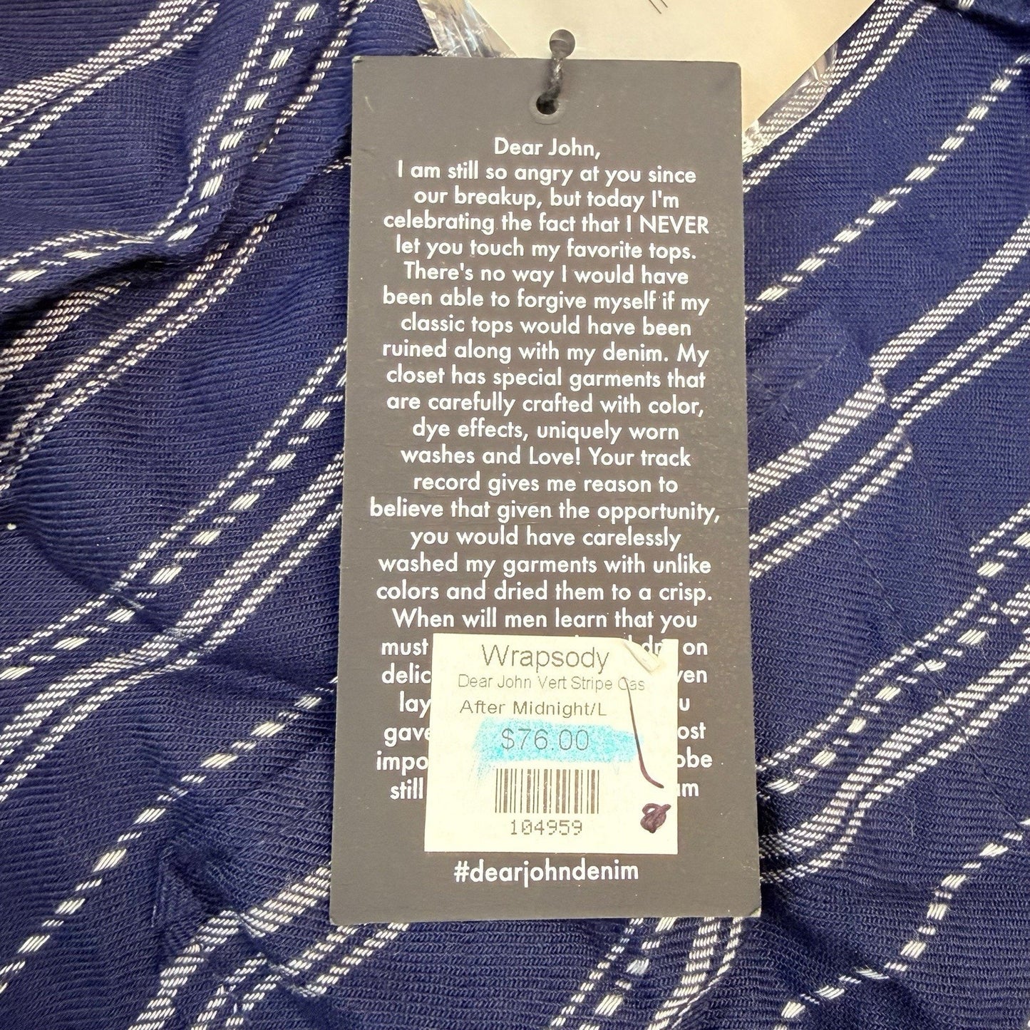 Dear John Blue Striped Shirt Dress Large 100% Rayon Button Front NWT Women's