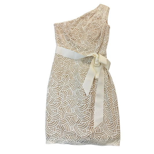 Tadashi Shoji One Shoulder Cocktail Dress Size 6 Ivory Beige Sash Formal USA Women's