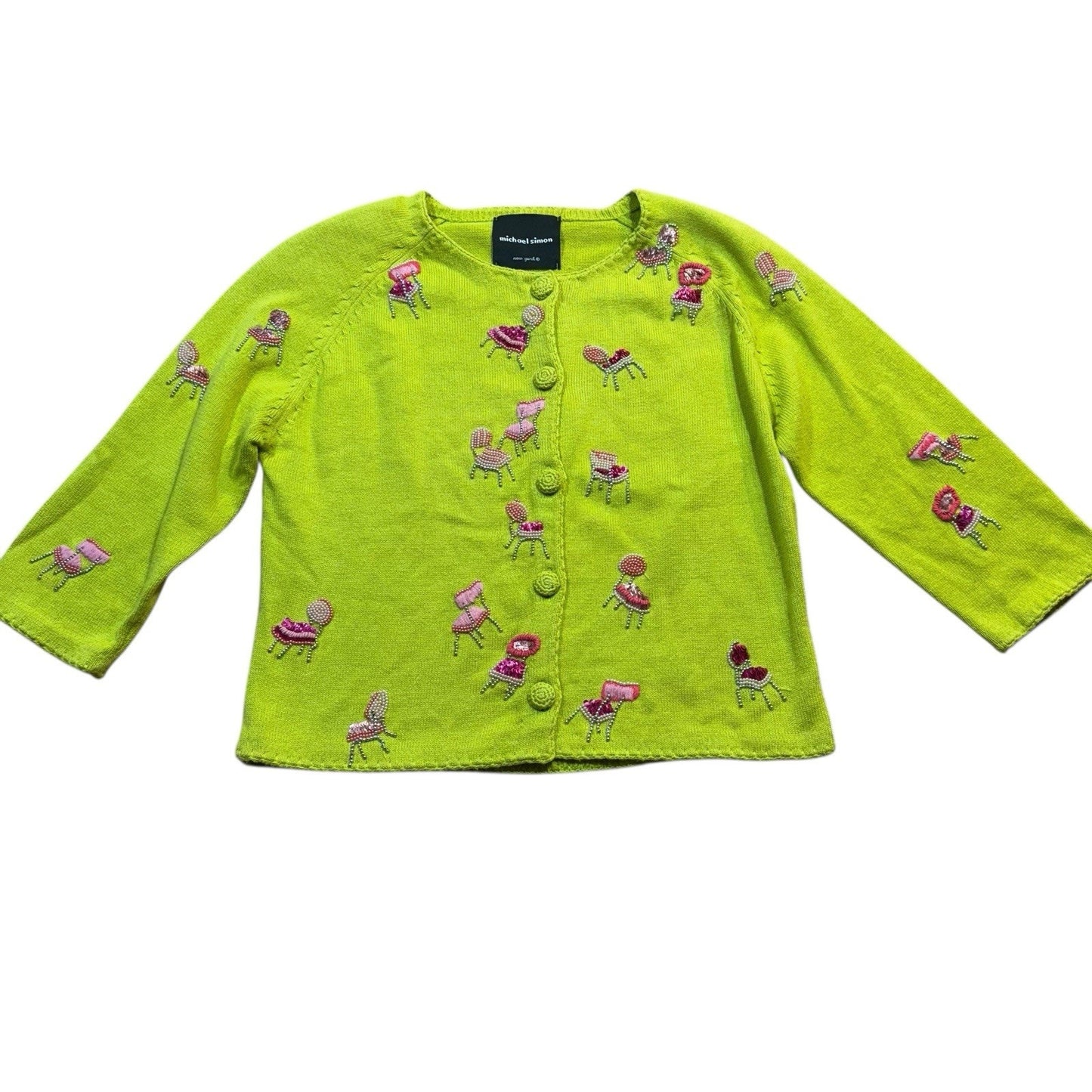Michael Simon Women’s Small Green Sweater Pink Beaded Chairs Pop Art Design