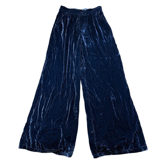 Molly Green Blue Velvet Wide Leg Pants L High Rise Pull On Women's