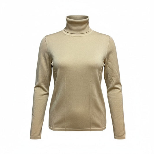 Y2K Doncaster Sport Beige Silk Women's Turtleneck Long Sleeve Blouse Top Size S