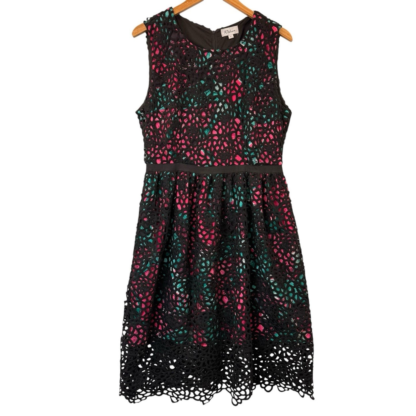 Wolven Lace Overlay Fit & Flare Dress Size 12 Black Pink Green Women's