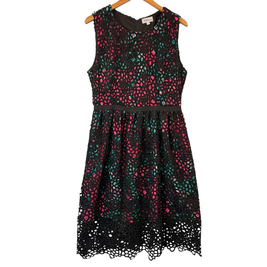 Wolven Lace Overlay Fit & Flare Dress Size 12 Black Pink Green Women's