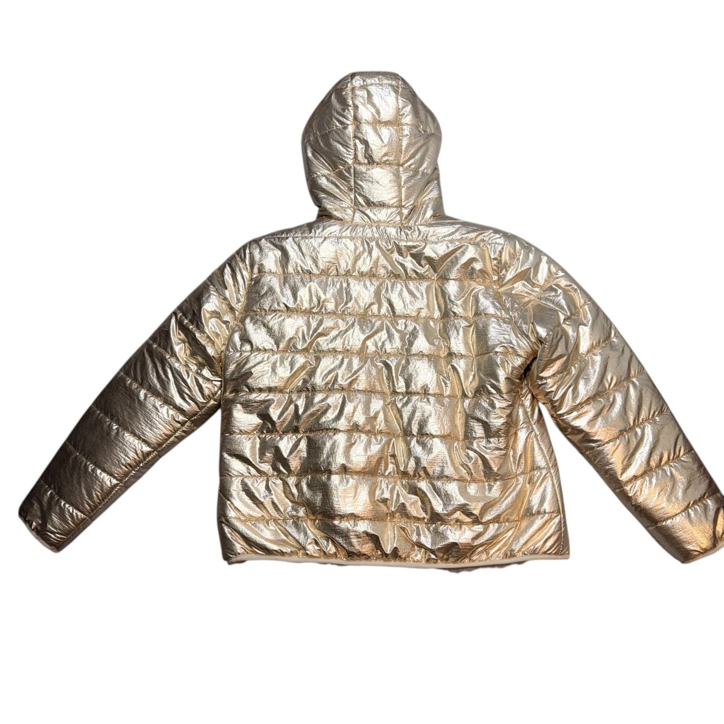 Tribal Reversible Puffer Jacket XL Champagne Metallic Faux Fur Lined Hooded NWT Women's