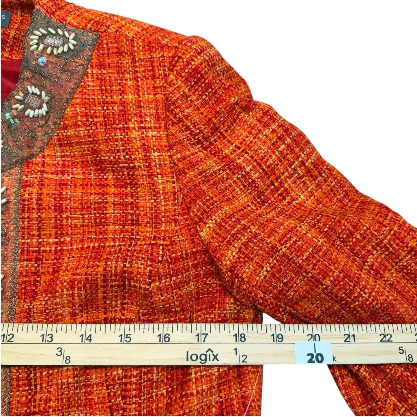 Josephine Chaus Petite 8P Orange Tweed Skirt Suit Embroidered Jacket Set Women's