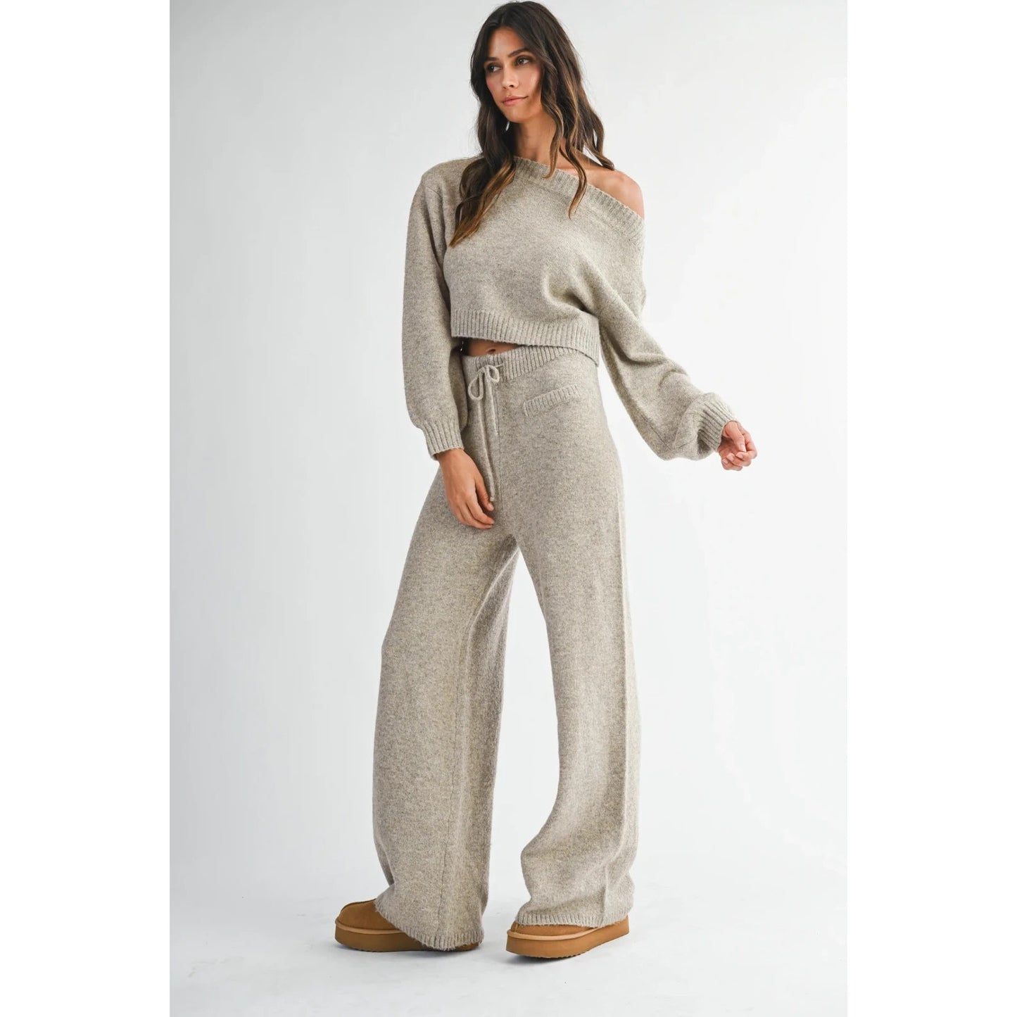 Mable Women’s Latte Mocha Knit Lounge Set Off Shoulder Crop Sweater Pants NEW
