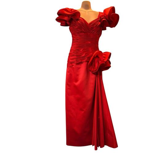 Vintage Lillie Rubin Women’s Size 4 Red Satin Puff Sleeve Ruched Evening Gown Dress