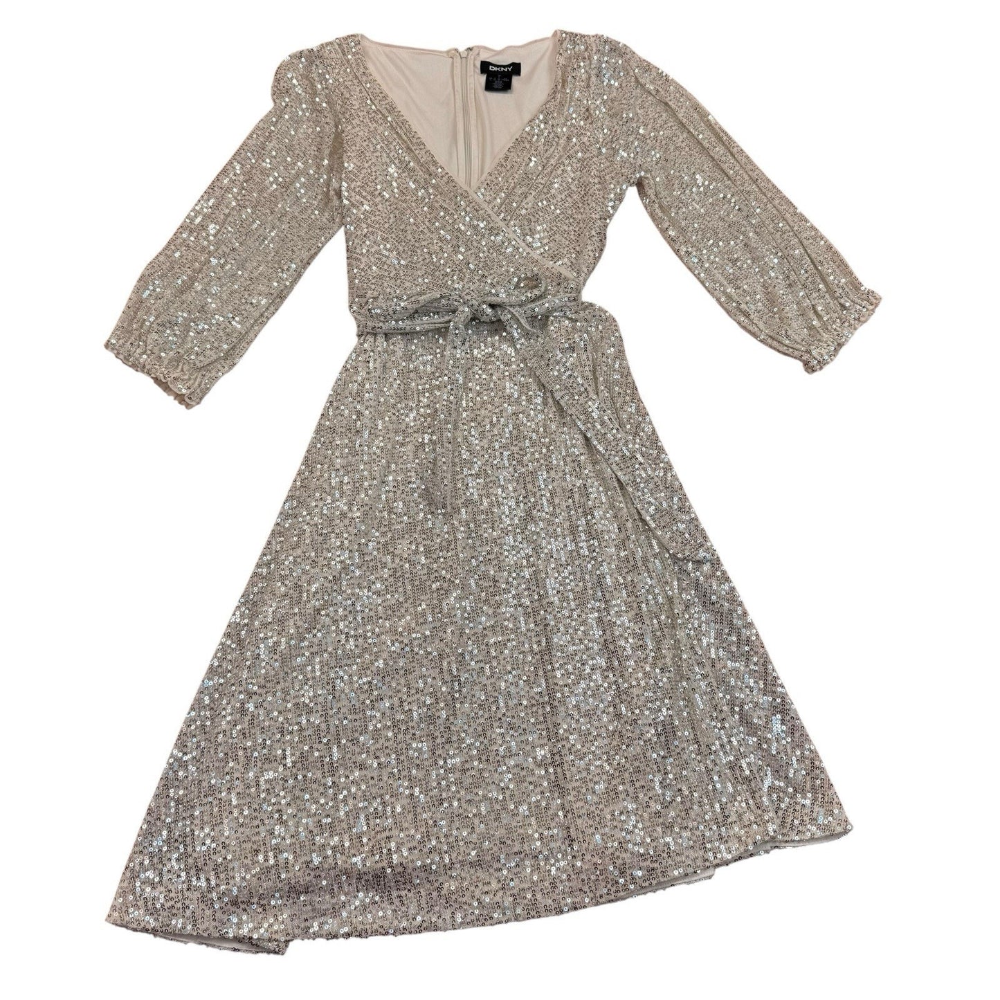 DKNY Gold Sequin Wrap Dress 3/4 Sleeve Midi Size 4 Women's